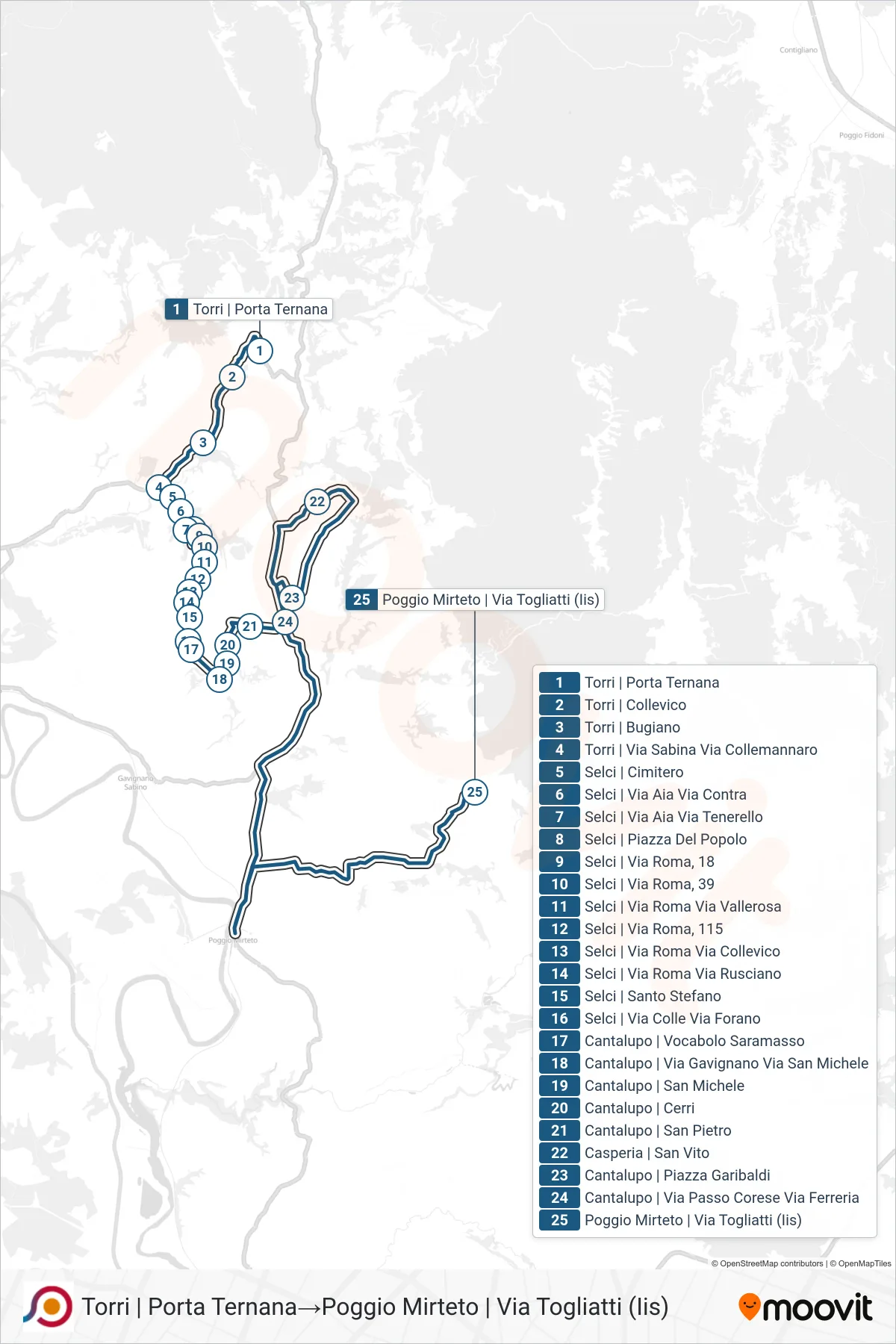 Linea COTRAL bus (Torri | Porta Ternana→Poggio Mirteto | Via Togliatti (Iis)) - Percorsi e fermate sulla mappa