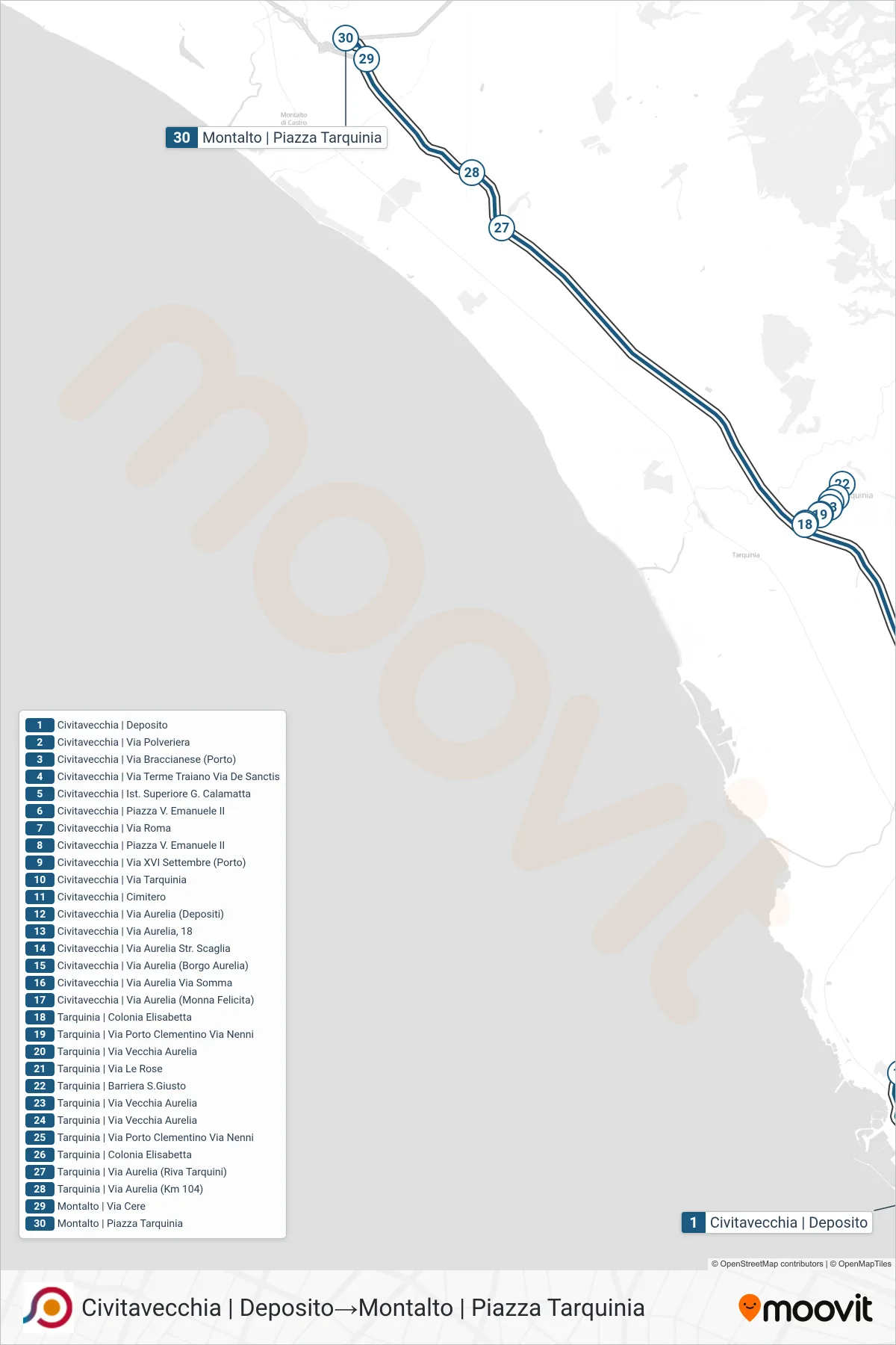 Linea COTRAL bus (Civitavecchia | Deposito→Montalto | Piazza Tarquinia) - Percorsi e fermate sulla mappa