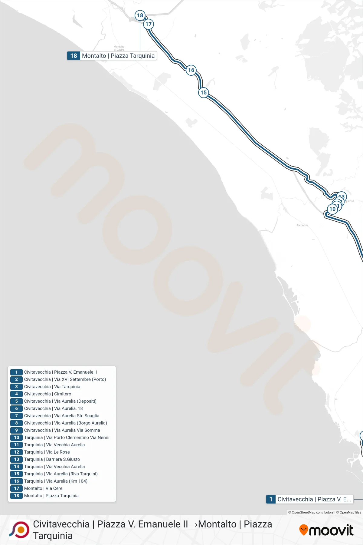 Linea COTRAL bus (Civitavecchia | Piazza V. Emanuele II→Montalto | Piazza Tarquinia) - Percorsi e fermate sulla mappa