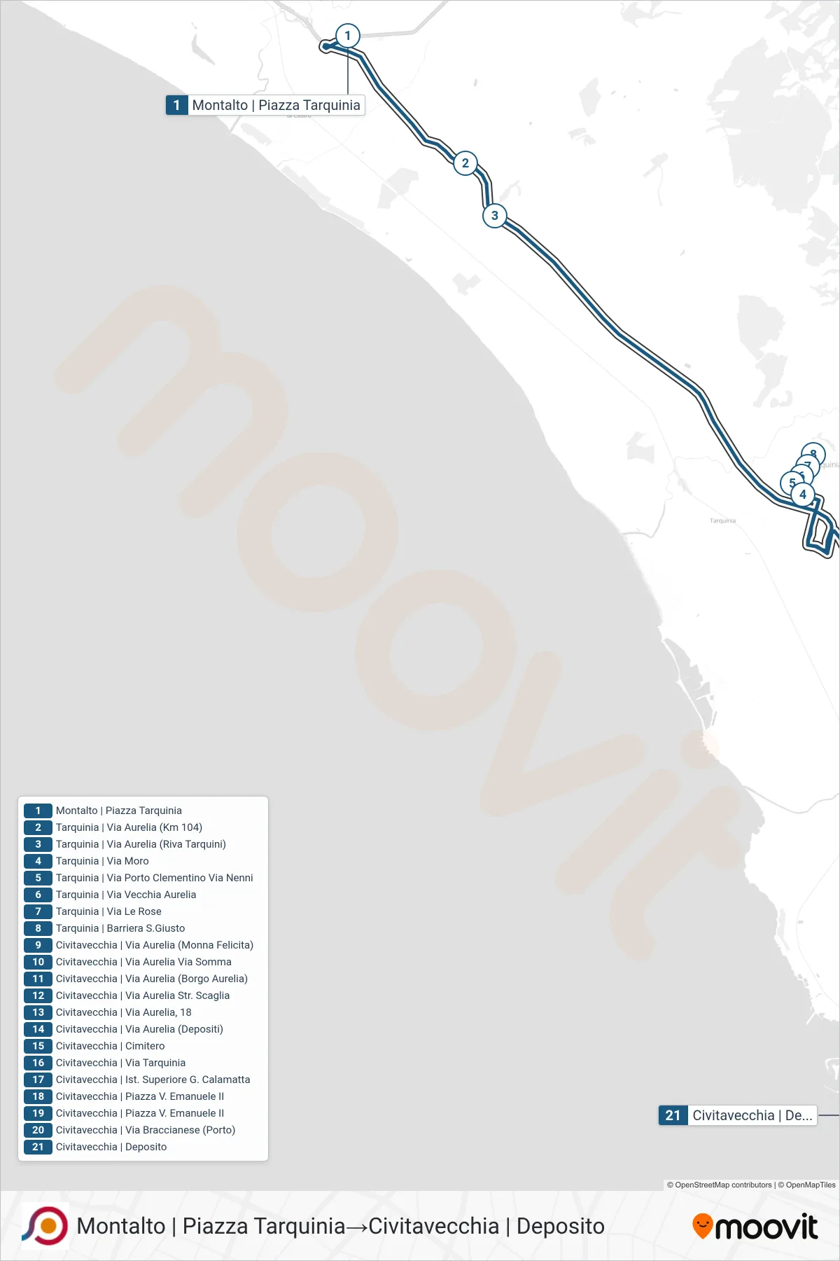 Linea COTRAL bus (Montalto | Piazza Tarquinia→Civitavecchia | Deposito) - Percorsi e fermate sulla mappa