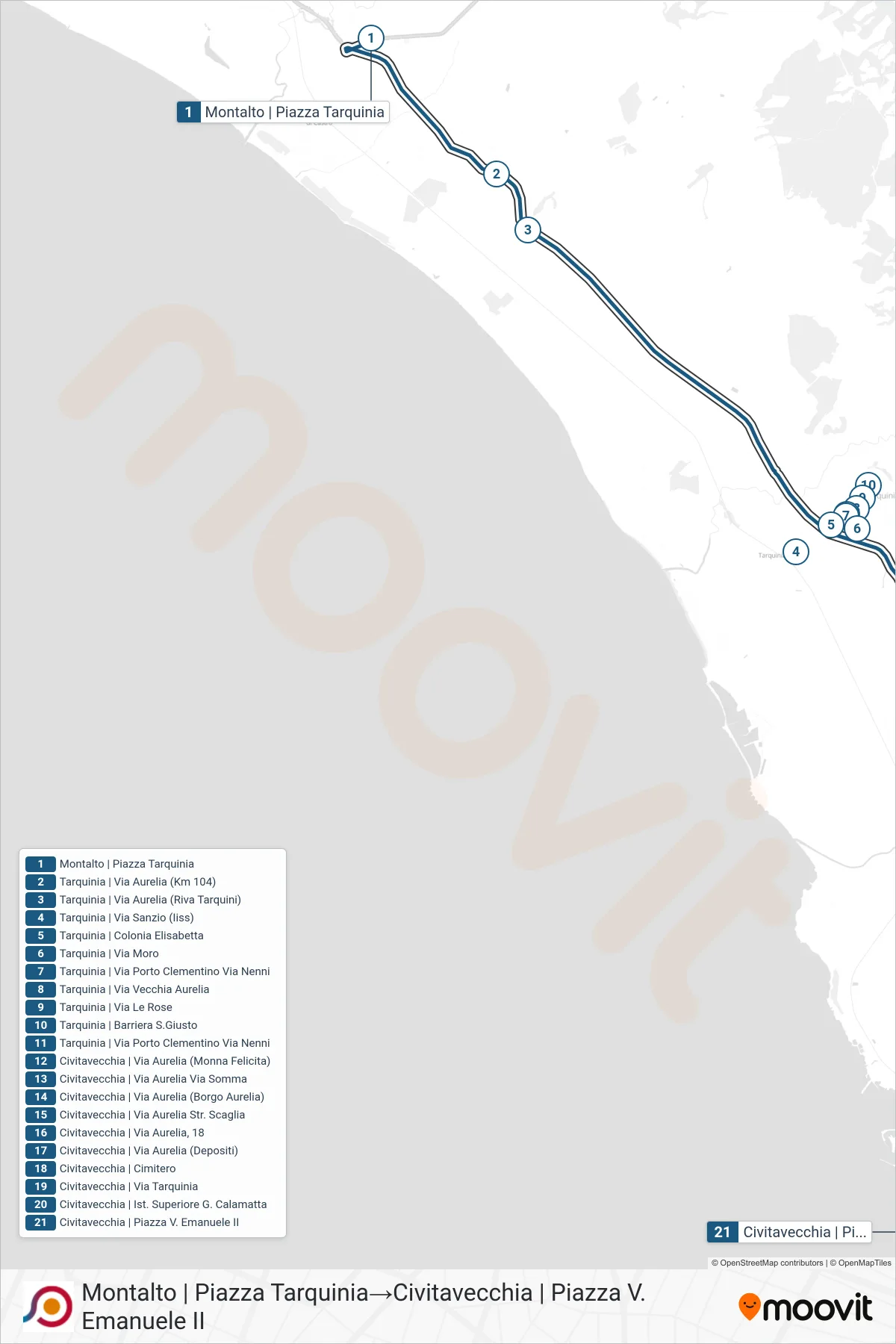 Linea COTRAL bus (Montalto | Piazza Tarquinia→Civitavecchia | Piazza V. Emanuele II) - Percorsi e fermate sulla mappa