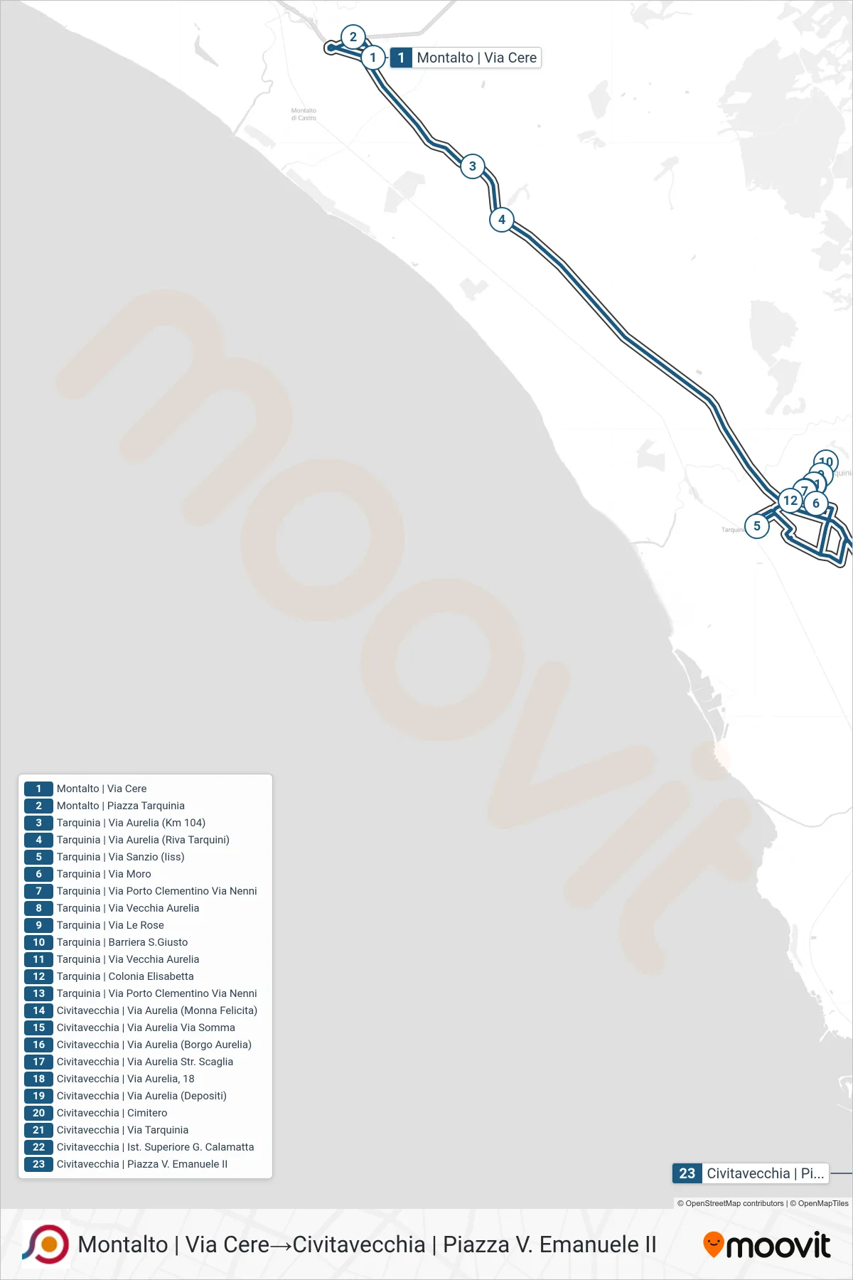 Linea COTRAL bus (Montalto | Via Cere→Civitavecchia | Piazza V. Emanuele II) - Percorsi e fermate sulla mappa