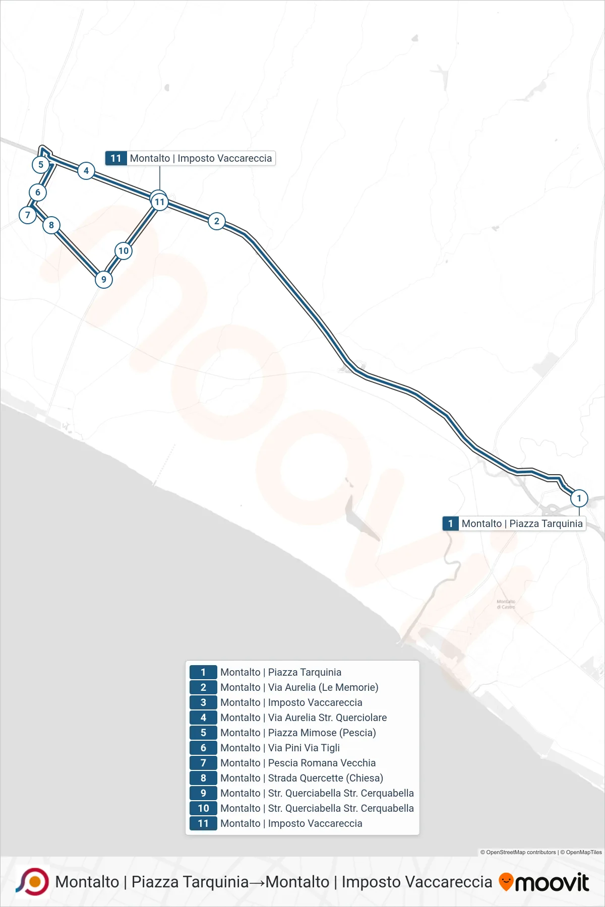 Linea COTRAL bus (Montalto | Piazza Tarquinia→Montalto | Imposto Vaccareccia) - Percorsi e fermate sulla mappa