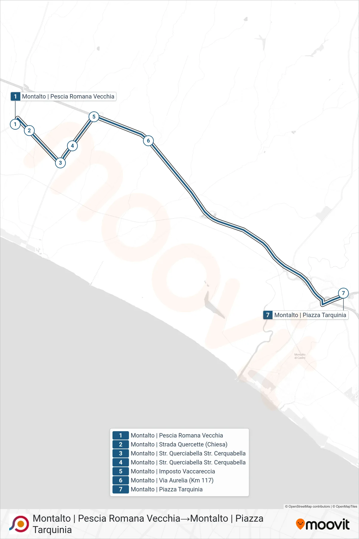 Linea COTRAL bus (Montalto | Pescia Romana Vecchia→Montalto | Piazza Tarquinia) - Percorsi e fermate sulla mappa