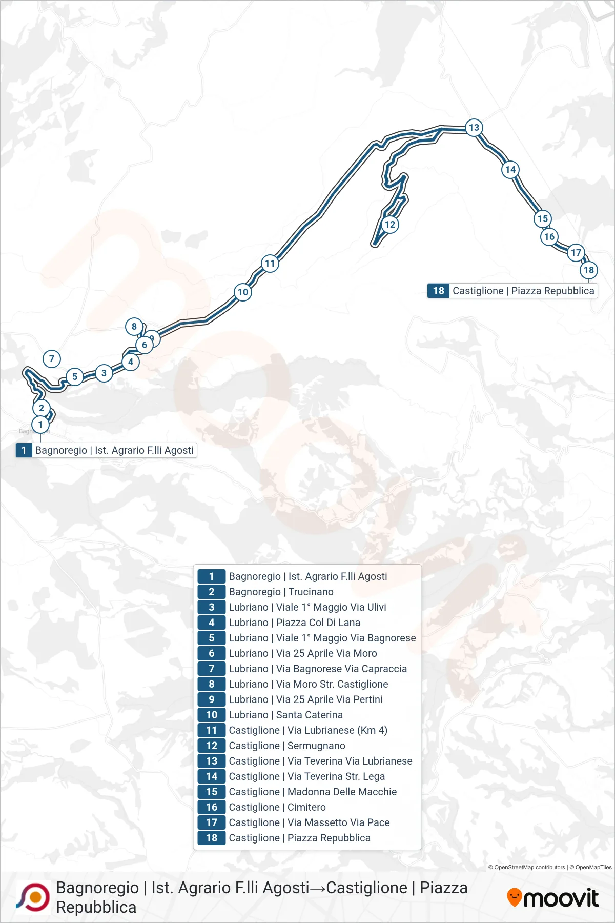 Linea COTRAL bus (Bagnoregio | Ist. Agrario F.lli Agosti→Castiglione | Piazza Repubblica) - Percorsi e fermate sulla mappa