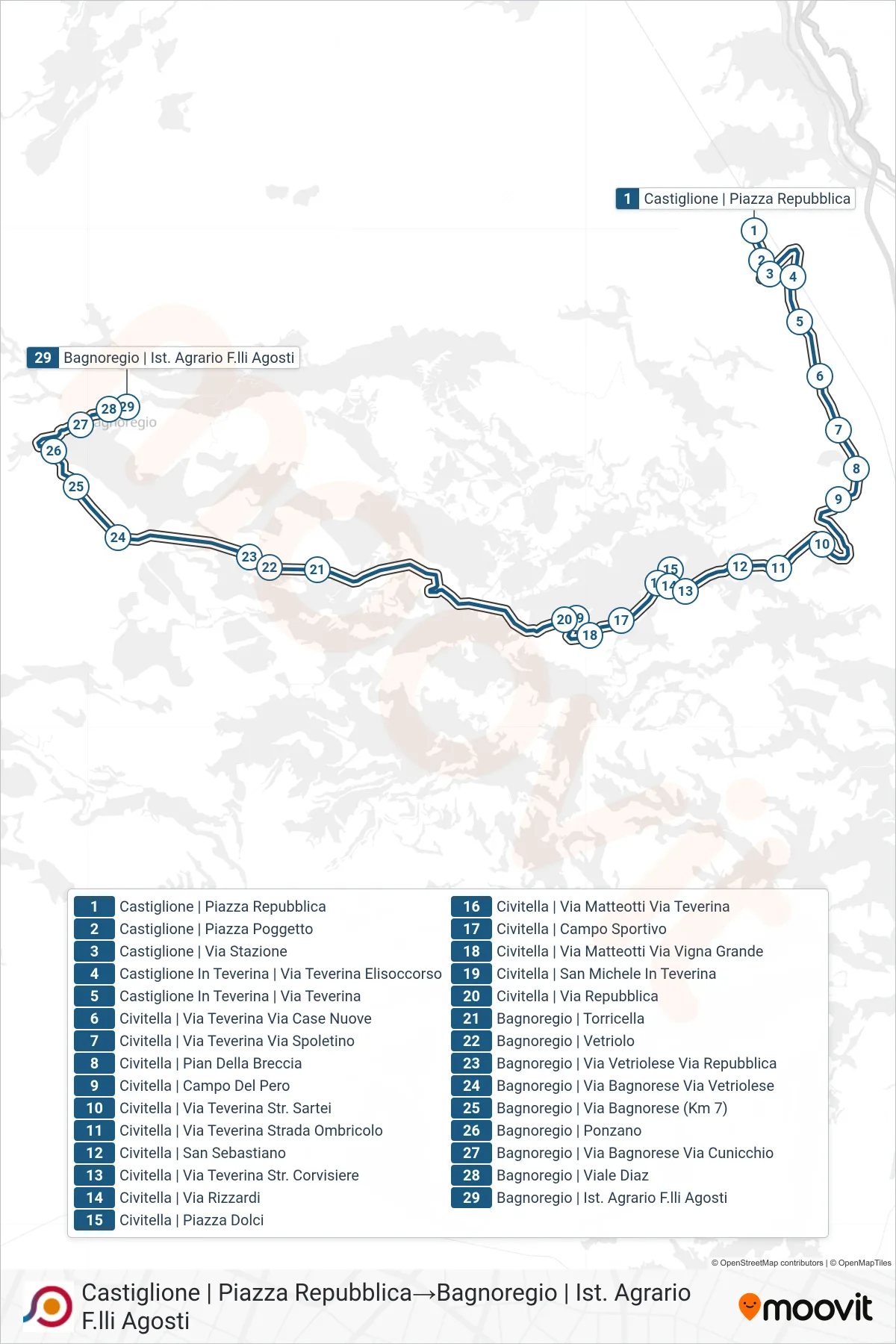 Linea COTRAL bus (Castiglione | Piazza Repubblica→Bagnoregio | Ist. Agrario F.lli Agosti) - Percorsi e fermate sulla mappa