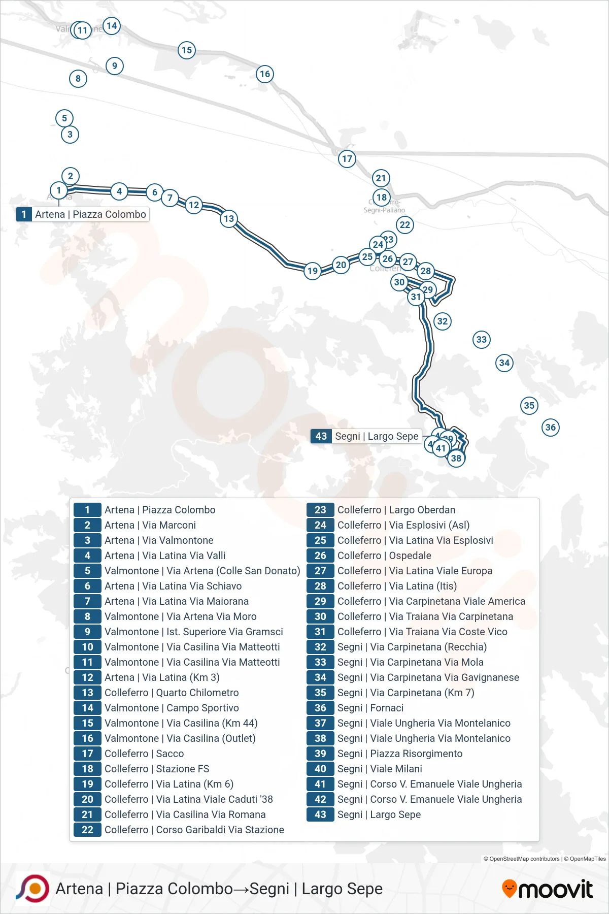 Linea COTRAL bus (Artena | Piazza Colombo→Segni | Largo Sepe) - Percorsi e fermate sulla mappa
