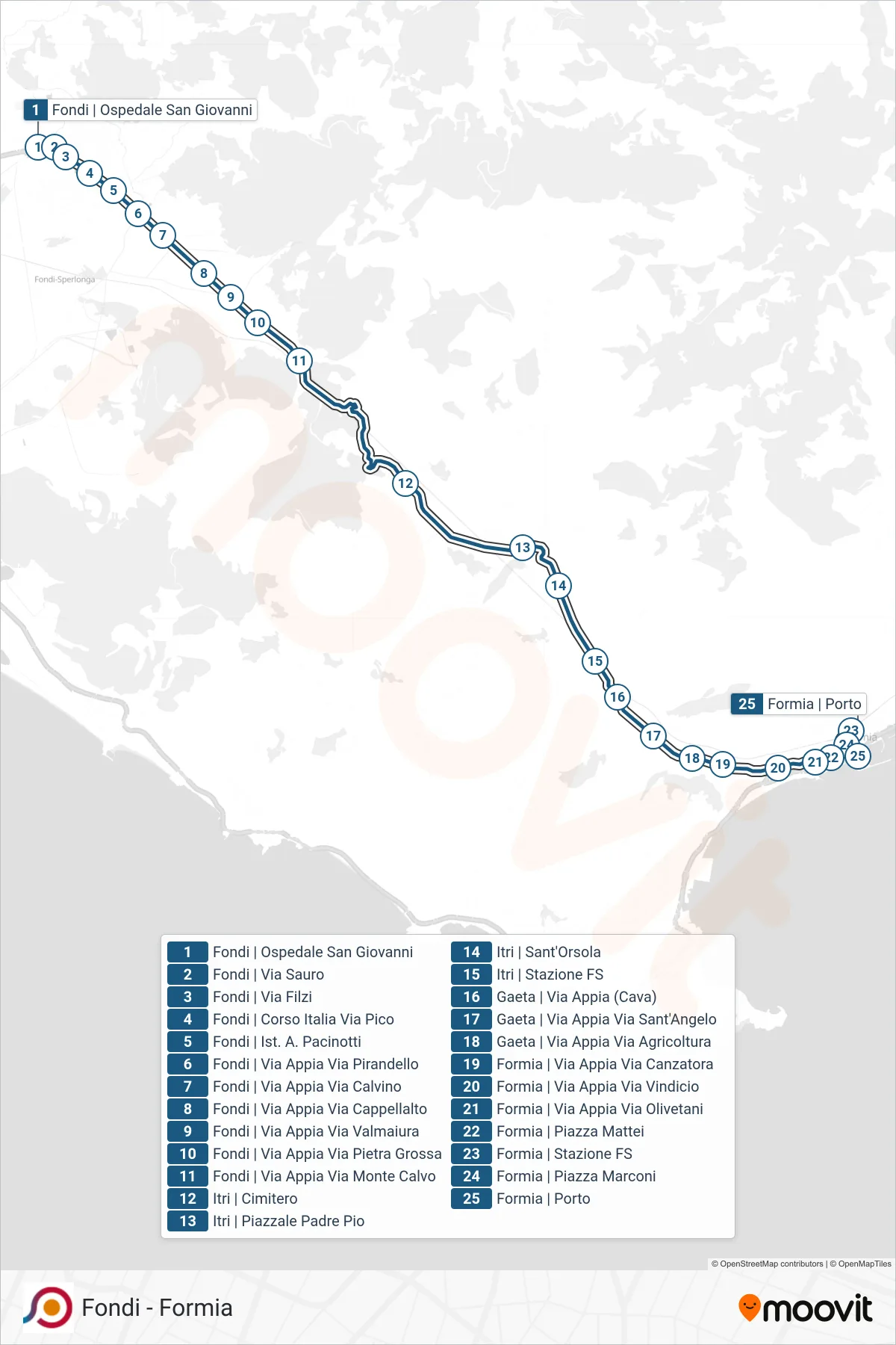 Linea COTRAL bus (Fondi | Ospedale San Giovanni→Formia | Porto) - Percorsi e fermate sulla mappa