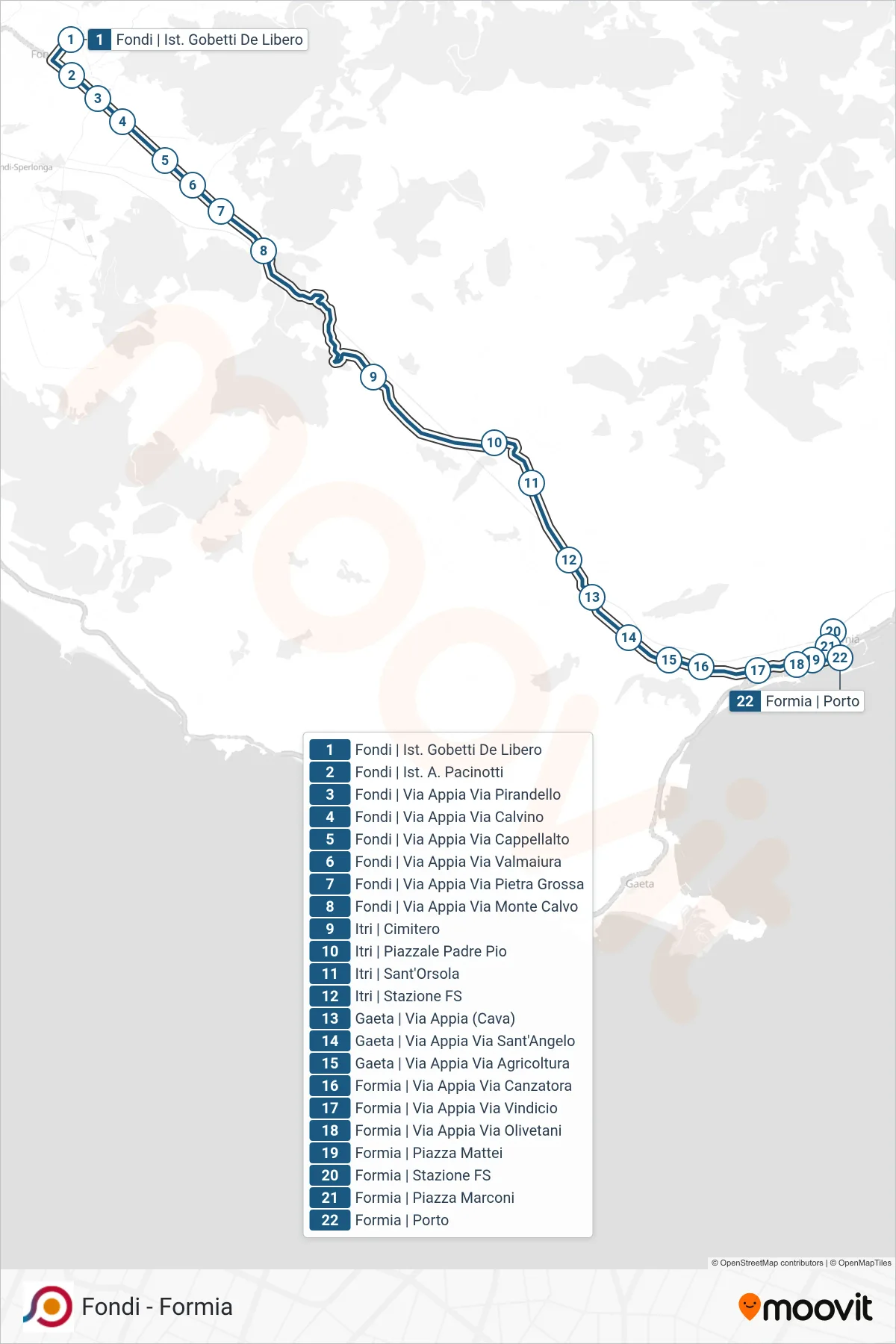 Linea COTRAL bus (Fondi | Ist. Gobetti De Libero→Formia | Porto) - Percorsi e fermate sulla mappa