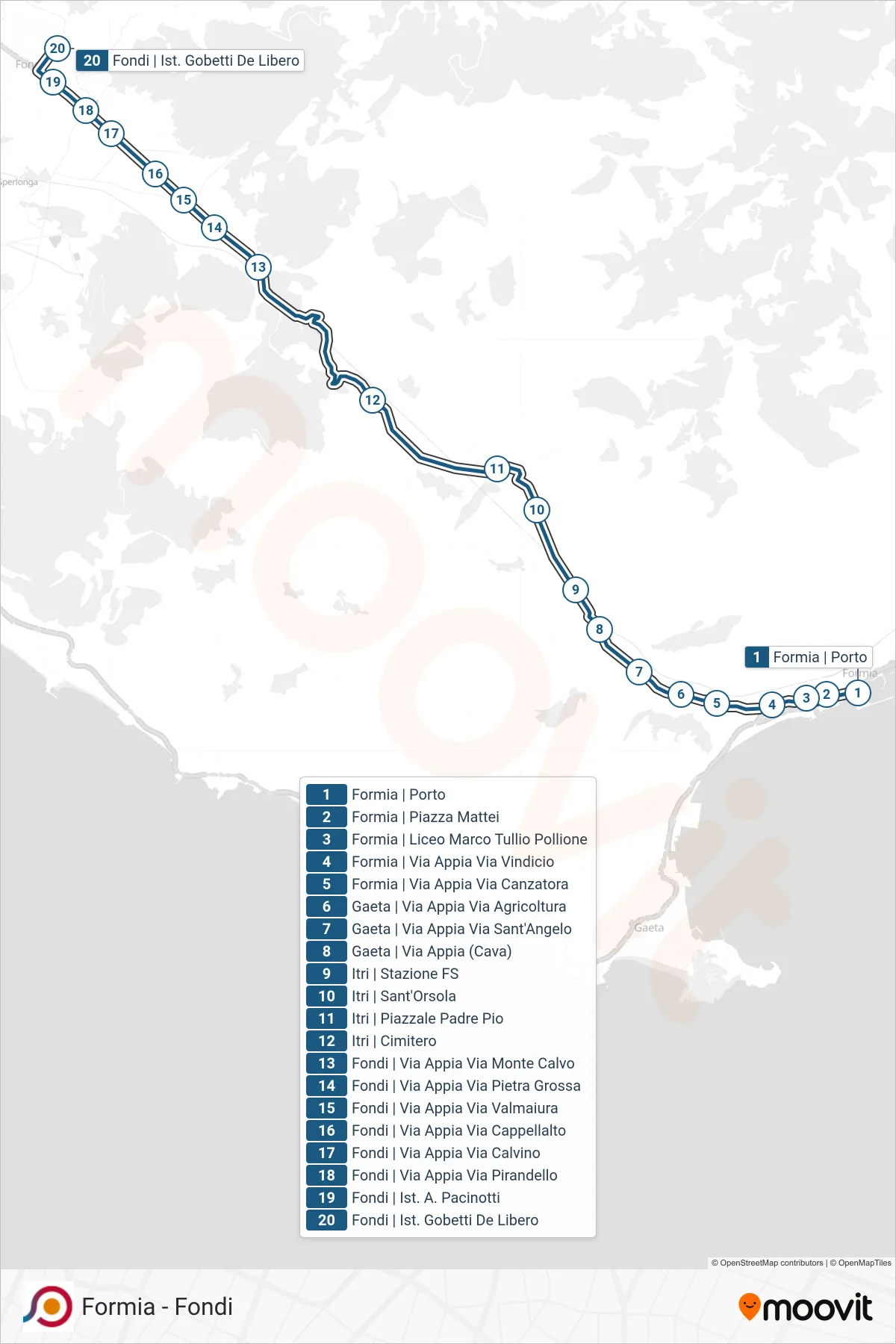 Linea COTRAL bus (Formia | Porto→Fondi | Ist. Gobetti De Libero) - Percorsi e fermate sulla mappa