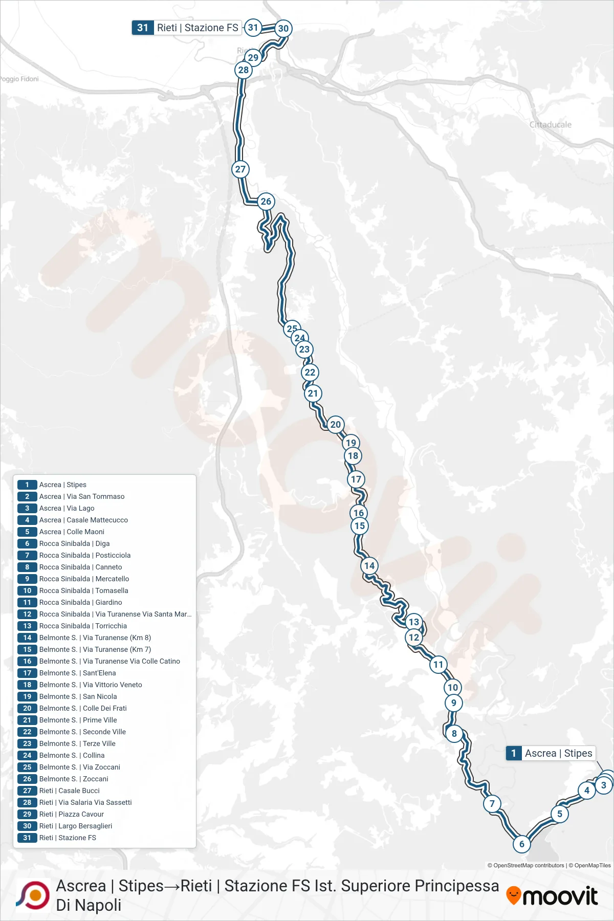 Linea COTRAL bus (Ascrea | Stipes→Rieti | Stazione FS Ist. Superiore Principessa Di Napoli) - Percorsi e fermate sulla mappa