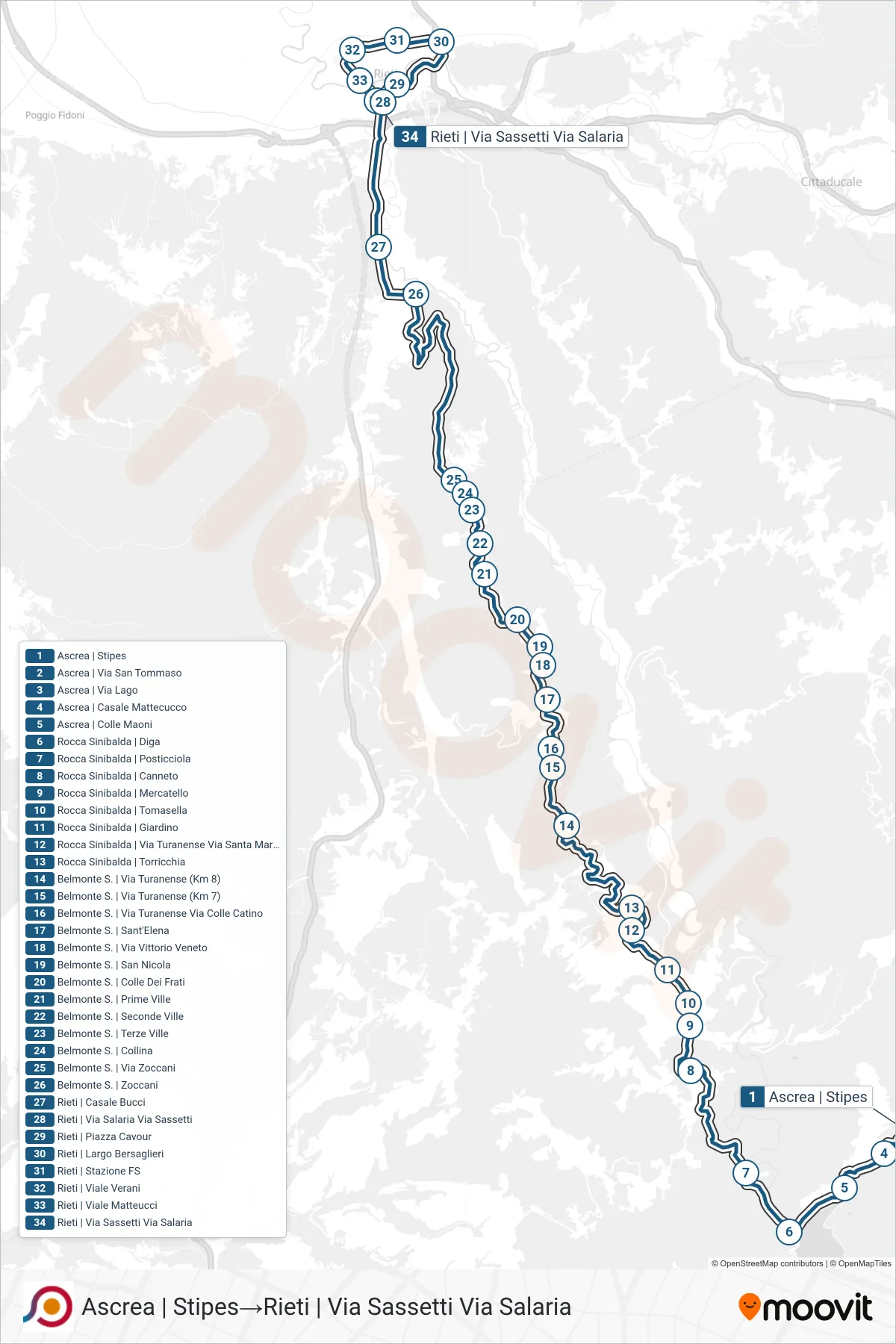 Linea COTRAL bus (Ascrea | Stipes→Rieti | Via Sassetti Via Salaria) - Percorsi e fermate sulla mappa