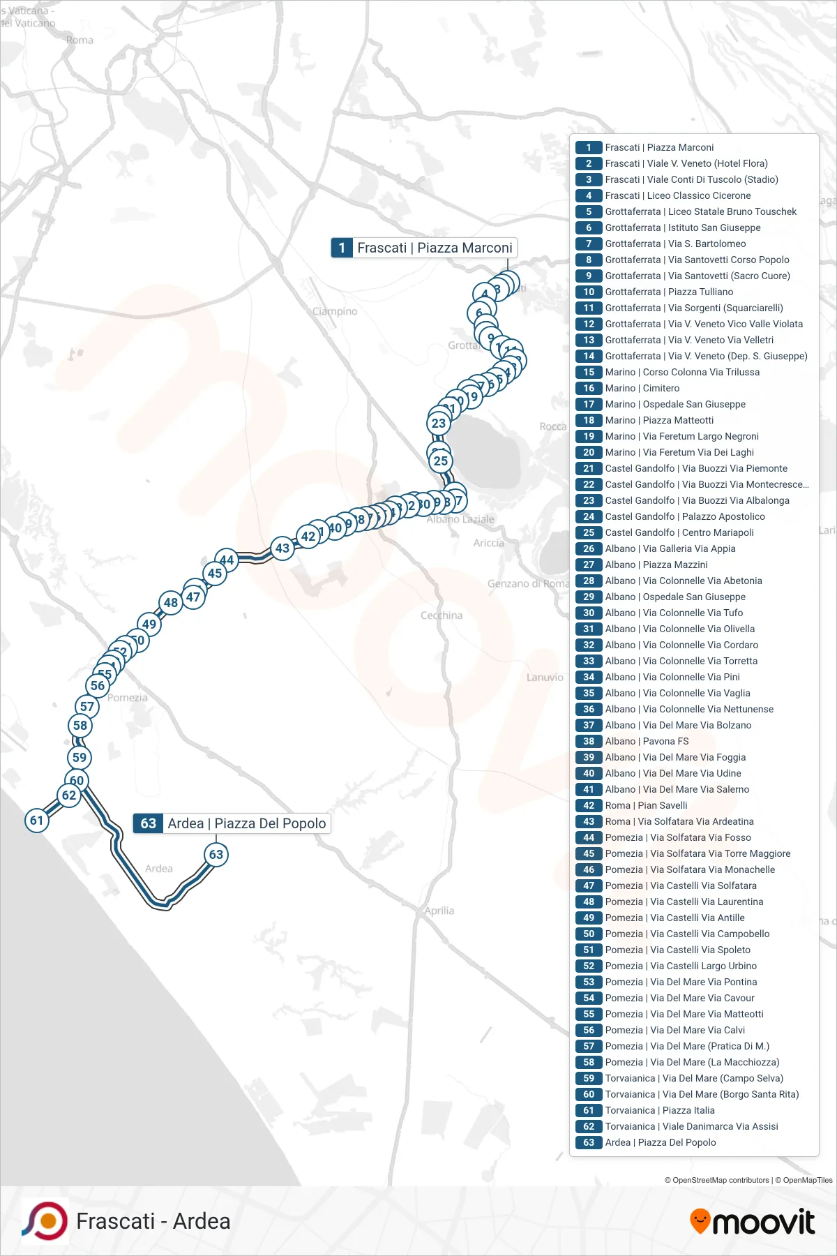 Linea COTRAL bus (Frascati | Piazza Marconi→Ardea | Piazza Del Popolo) - Percorsi e fermate sulla mappa
