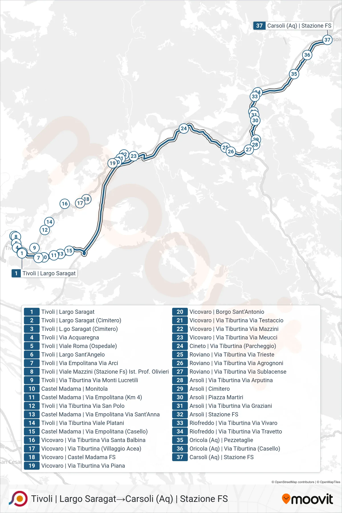 Linea COTRAL bus (Tivoli | Largo Saragat→Carsoli (Aq) | Stazione FS) - Percorsi e fermate sulla mappa