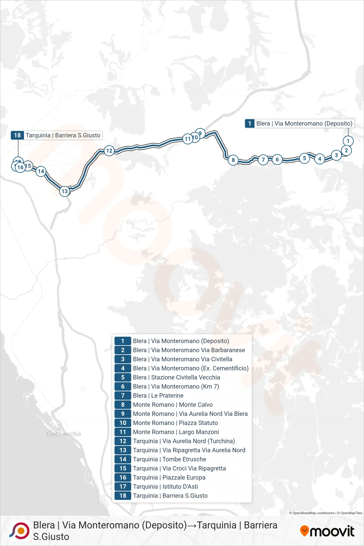 Linea COTRAL bus (Blera | Via Monteromano (Deposito)→Tarquinia | Barriera S.Giusto) - Percorsi e fermate sulla mappa