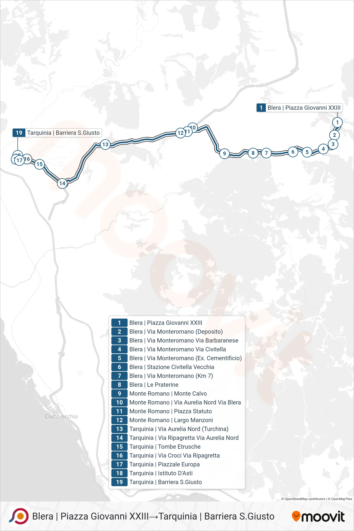Linea COTRAL bus (Blera | Piazza Giovanni XXIII→Tarquinia | Barriera S.Giusto) - Percorsi e fermate sulla mappa
