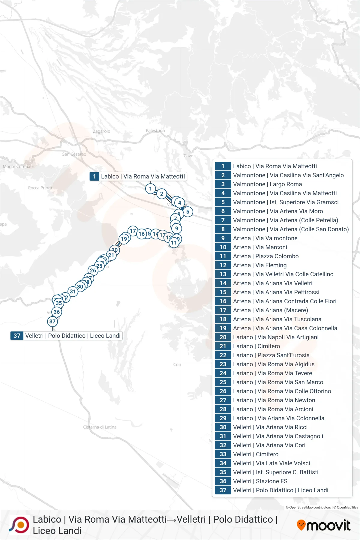 Linea COTRAL bus (Labico | Via Roma Via Matteotti→Velletri | Polo Didattico | Liceo Landi) - Percorsi e fermate sulla mappa