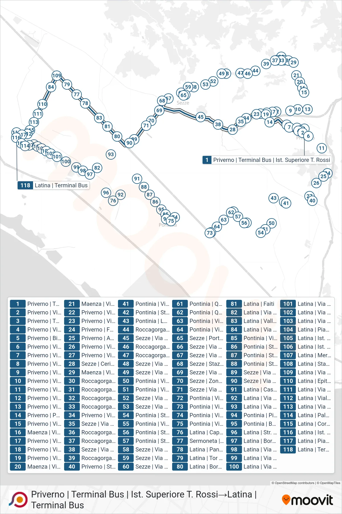 Linea COTRAL bus (Priverno | Terminal Bus | Ist. Superiore T. Rossi→Latina | Terminal Bus) - Percorsi e fermate sulla mappa