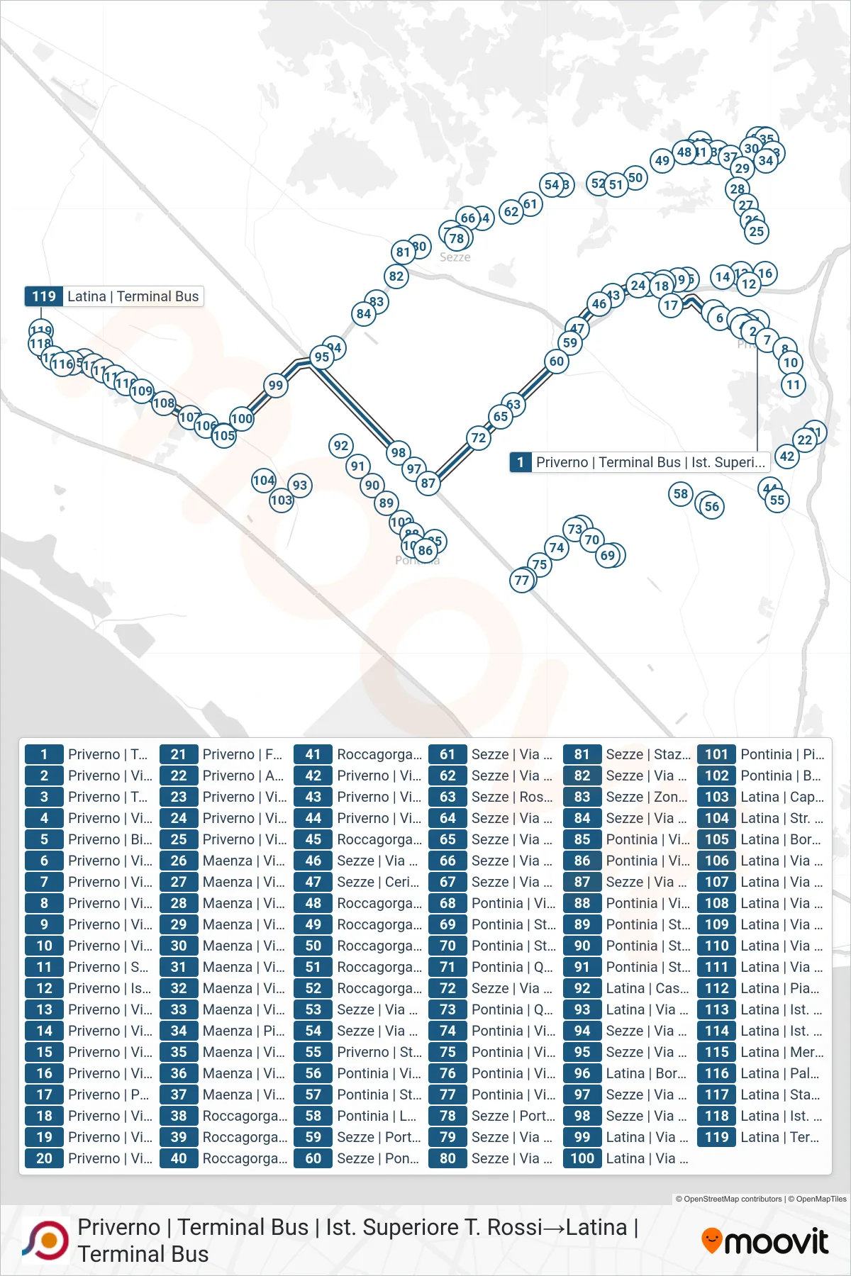 Linea COTRAL bus (Priverno | Terminal Bus | Ist. Superiore T. Rossi→Latina | Terminal Bus) - Percorsi e fermate sulla mappa