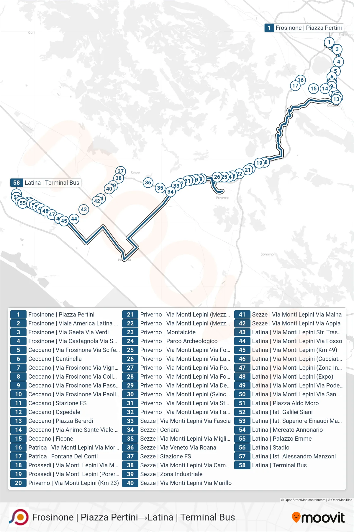 Linea COTRAL bus (Frosinone | Piazza Pertini→Latina | Terminal Bus) - Percorsi e fermate sulla mappa