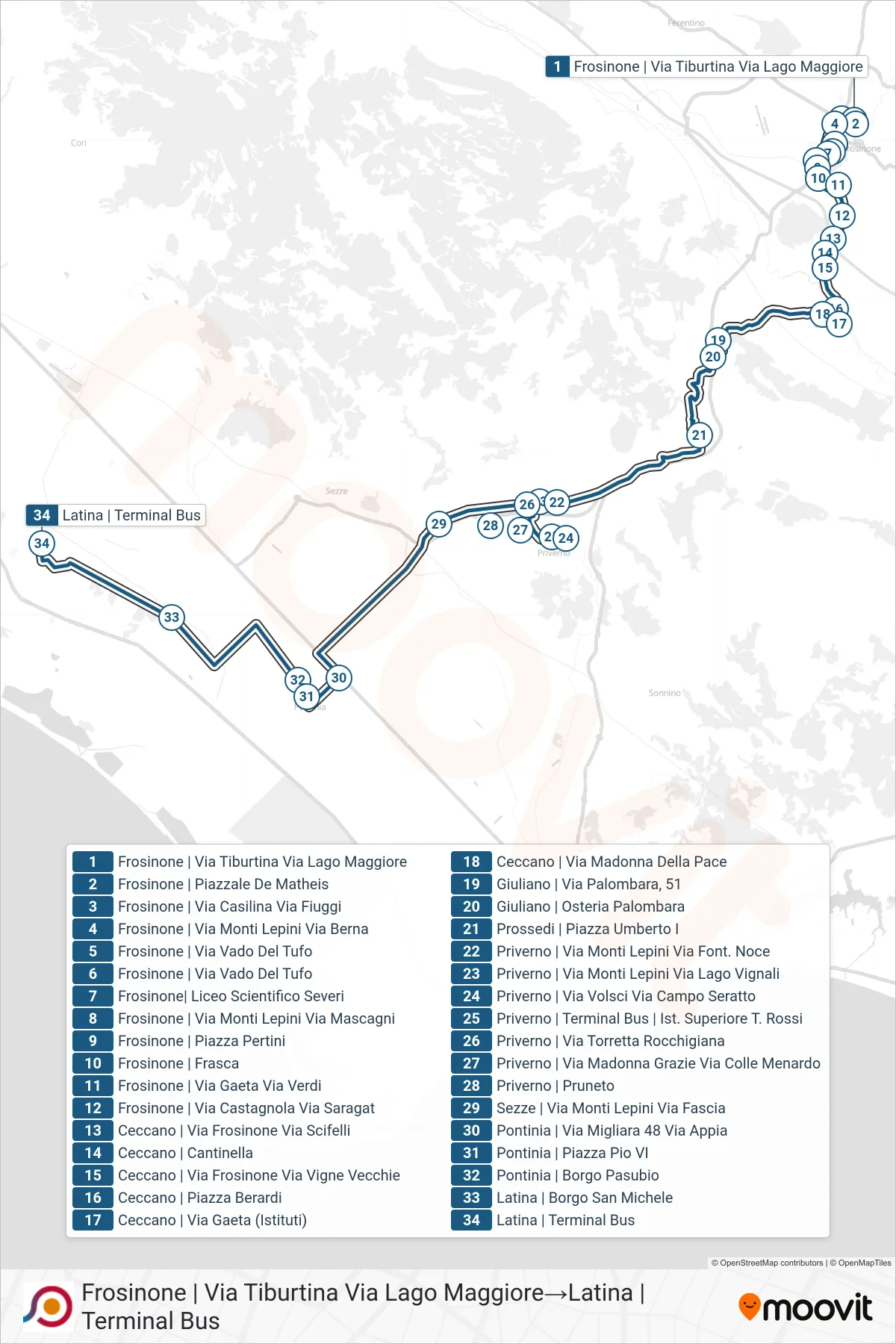 Linea COTRAL bus (Frosinone | Via Tiburtina Via Lago Maggiore→Latina | Terminal Bus) - Percorsi e fermate sulla mappa