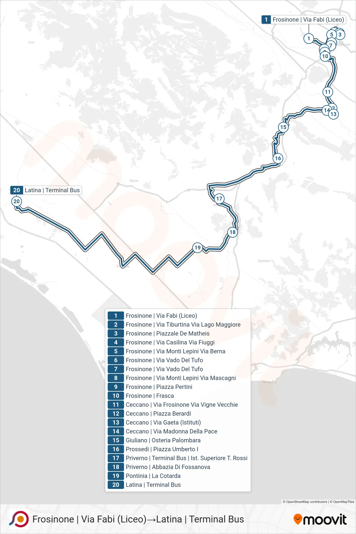 Linea COTRAL bus (Frosinone | Via Fabi (Liceo)→Latina | Terminal Bus) - Percorsi e fermate sulla mappa