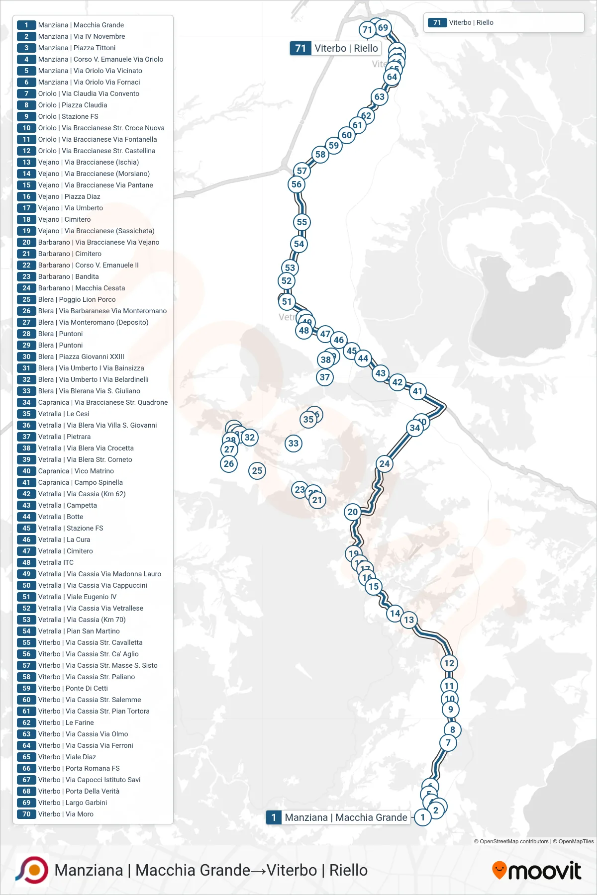Linea COTRAL bus (Manziana | Macchia Grande→Viterbo | Riello) - Percorsi e fermate sulla mappa