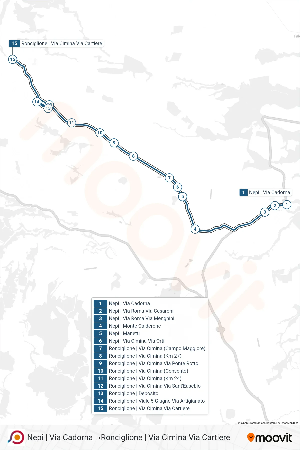 Linea COTRAL bus (Nepi | Via Cadorna→Ronciglione | Via Cimina Via Cartiere) - Percorsi e fermate sulla mappa