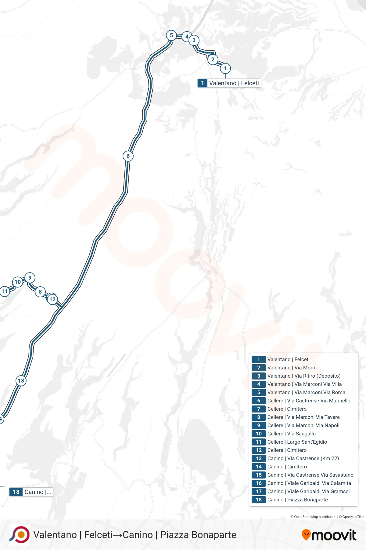 Linea COTRAL bus (Valentano | Felceti→Canino | Piazza Bonaparte) - Percorsi e fermate sulla mappa
