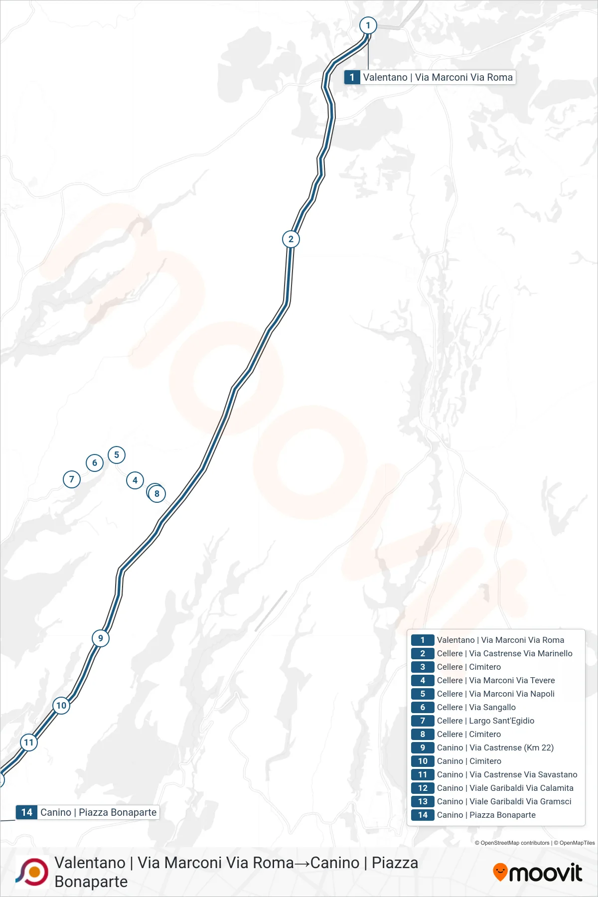 Linea COTRAL bus (Valentano | Via Marconi Via Roma→Canino | Piazza Bonaparte) - Percorsi e fermate sulla mappa