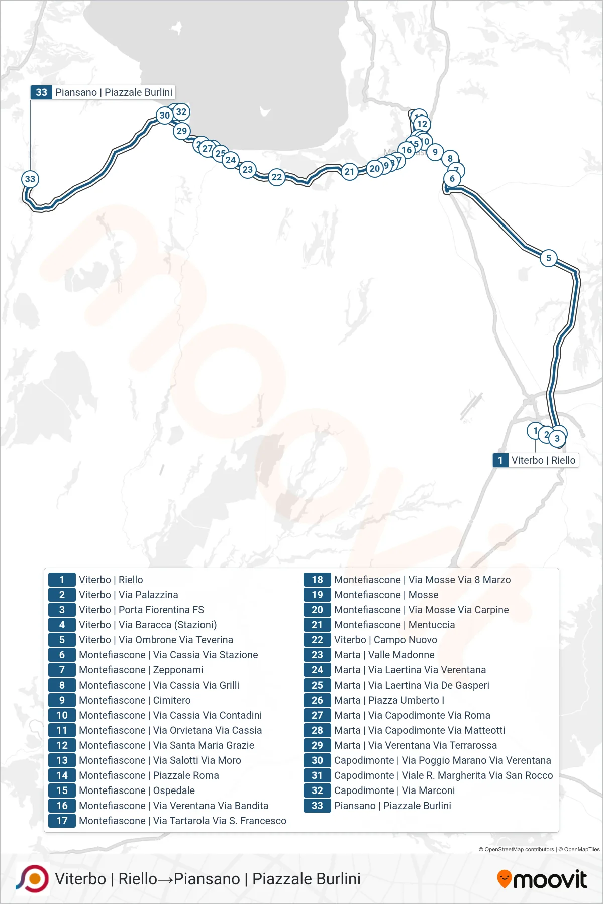 Linea COTRAL bus (Viterbo | Riello→Piansano | Piazzale Burlini) - Percorsi e fermate sulla mappa