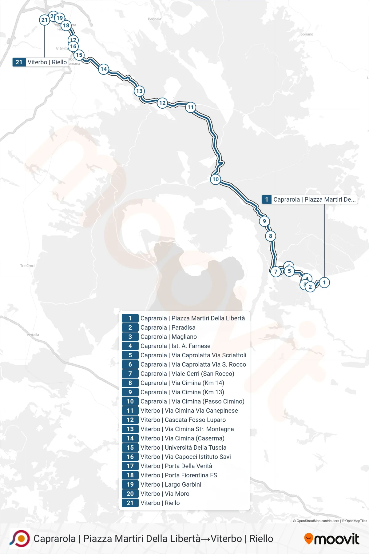 Linea COTRAL bus (Caprarola | Piazza Martiri Della Libertà→Viterbo | Riello) - Percorsi e fermate sulla mappa