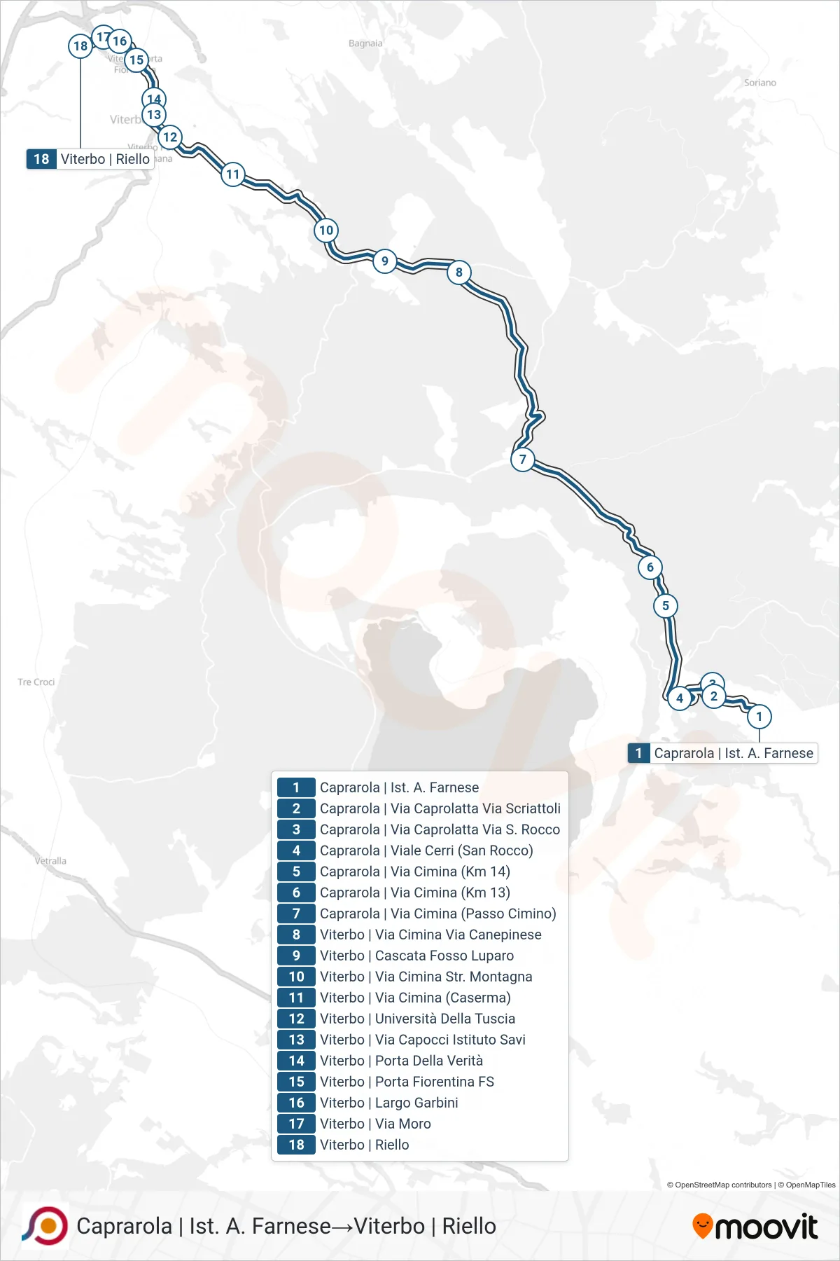Linea COTRAL bus (Caprarola | Ist. A. Farnese→Viterbo | Riello) - Percorsi e fermate sulla mappa