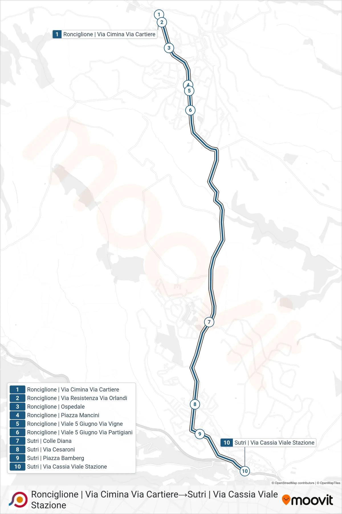 Linea COTRAL bus (Ronciglione | Via Cimina Via Cartiere→Sutri | Via Cassia Viale Stazione) - Percorsi e fermate sulla mappa