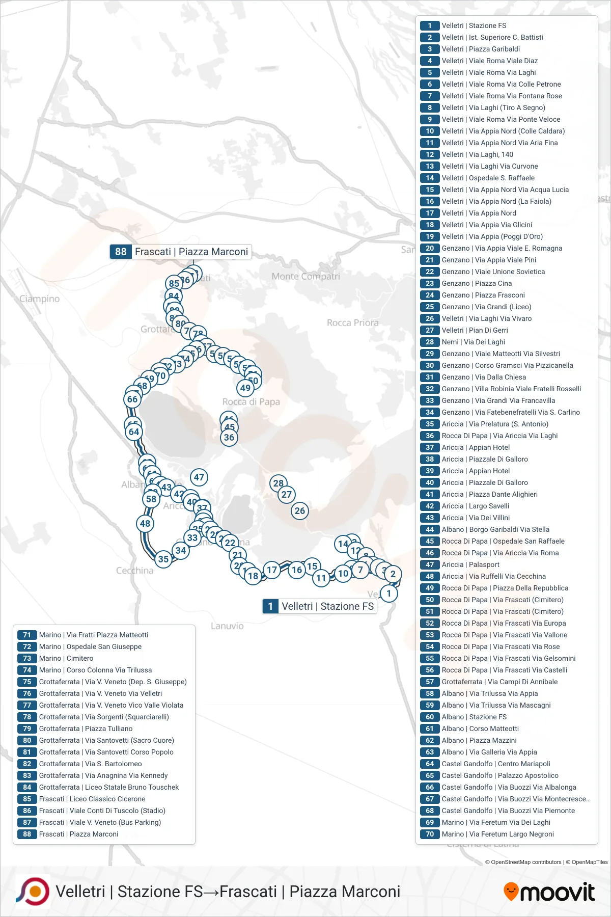 Linea COTRAL bus (Velletri | Stazione FS→Frascati | Piazza Marconi) - Percorsi e fermate sulla mappa