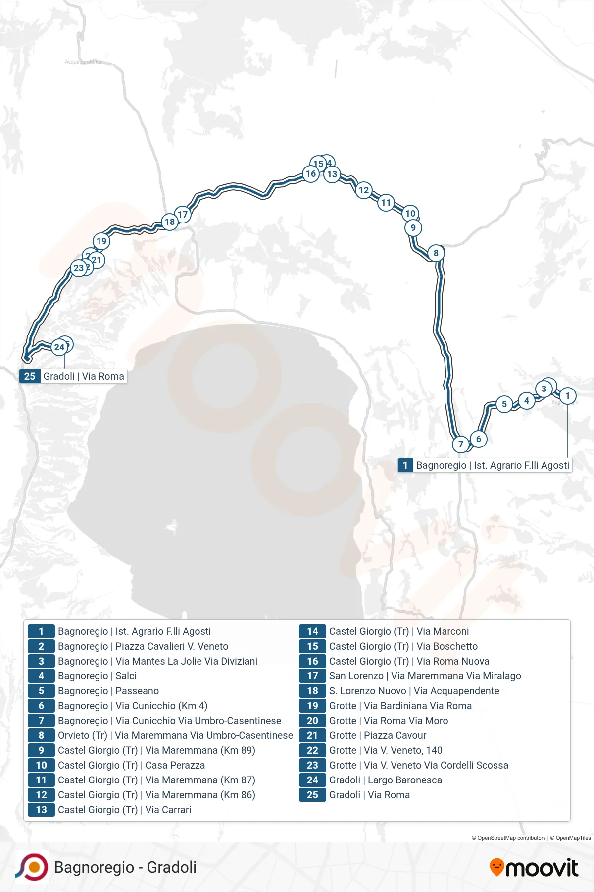 Linea COTRAL bus (Bagnoregio | Ist. Agrario F.lli Agosti→Gradoli | Via Roma) - Percorsi e fermate sulla mappa