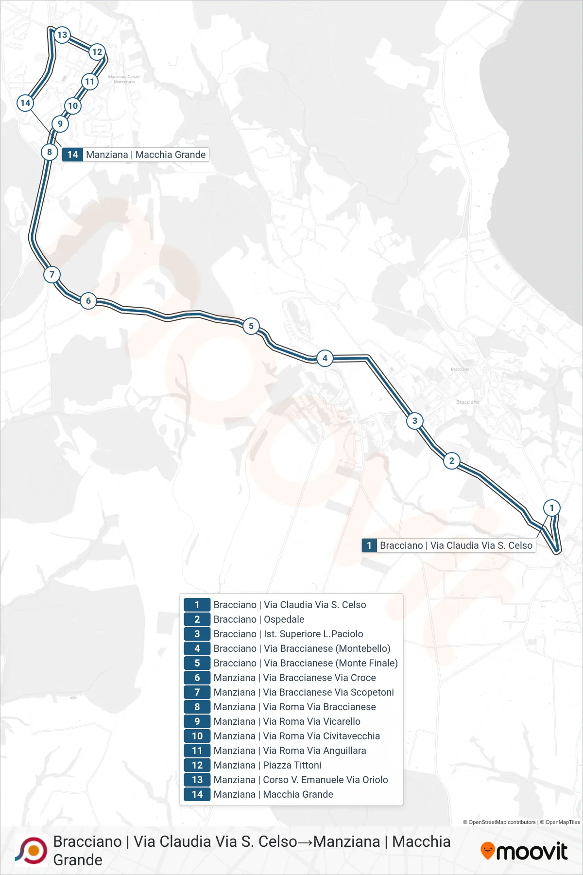 Linea COTRAL bus (Bracciano | Via Claudia Via S. Celso→Manziana | Macchia Grande) - Percorsi e fermate sulla mappa