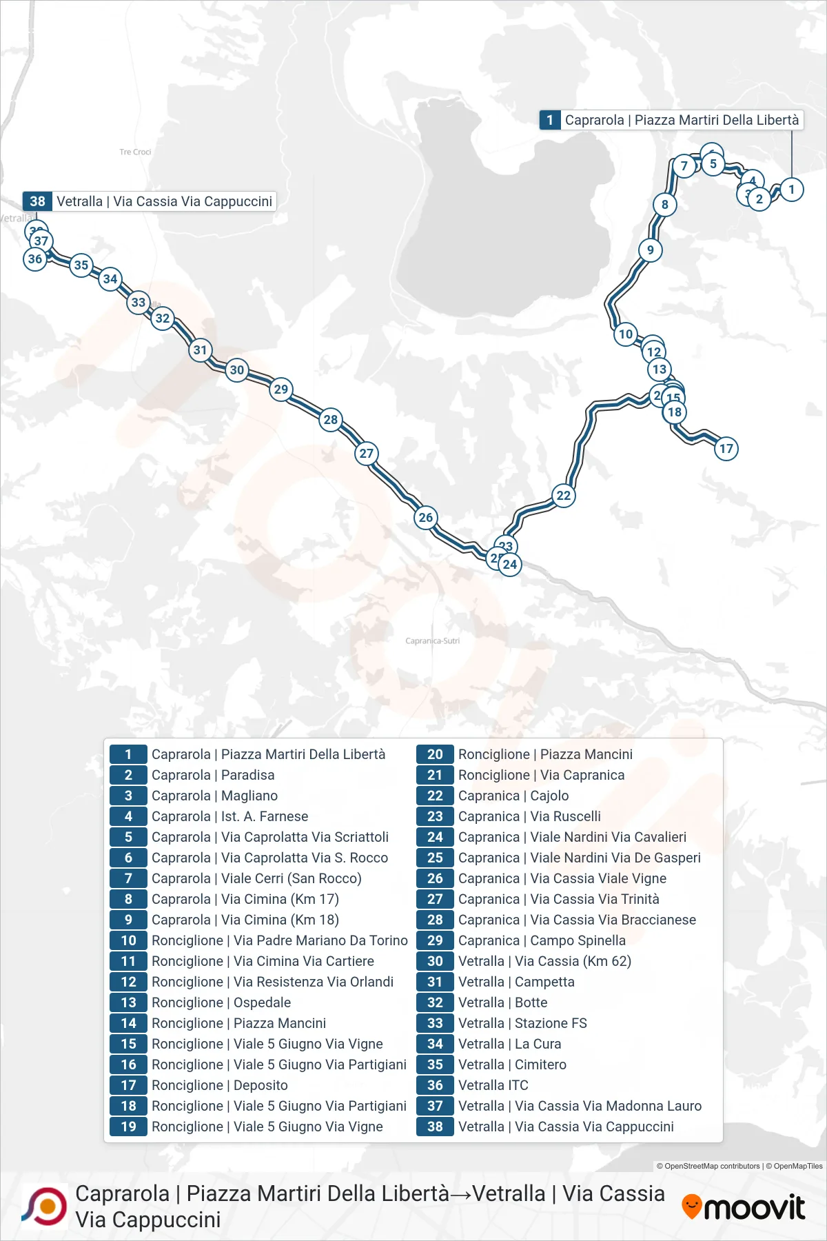 Linea COTRAL bus (Caprarola | Piazza Martiri Della Libertà→Vetralla | Via Cassia Via Cappuccini) - Percorsi e fermate sulla mappa