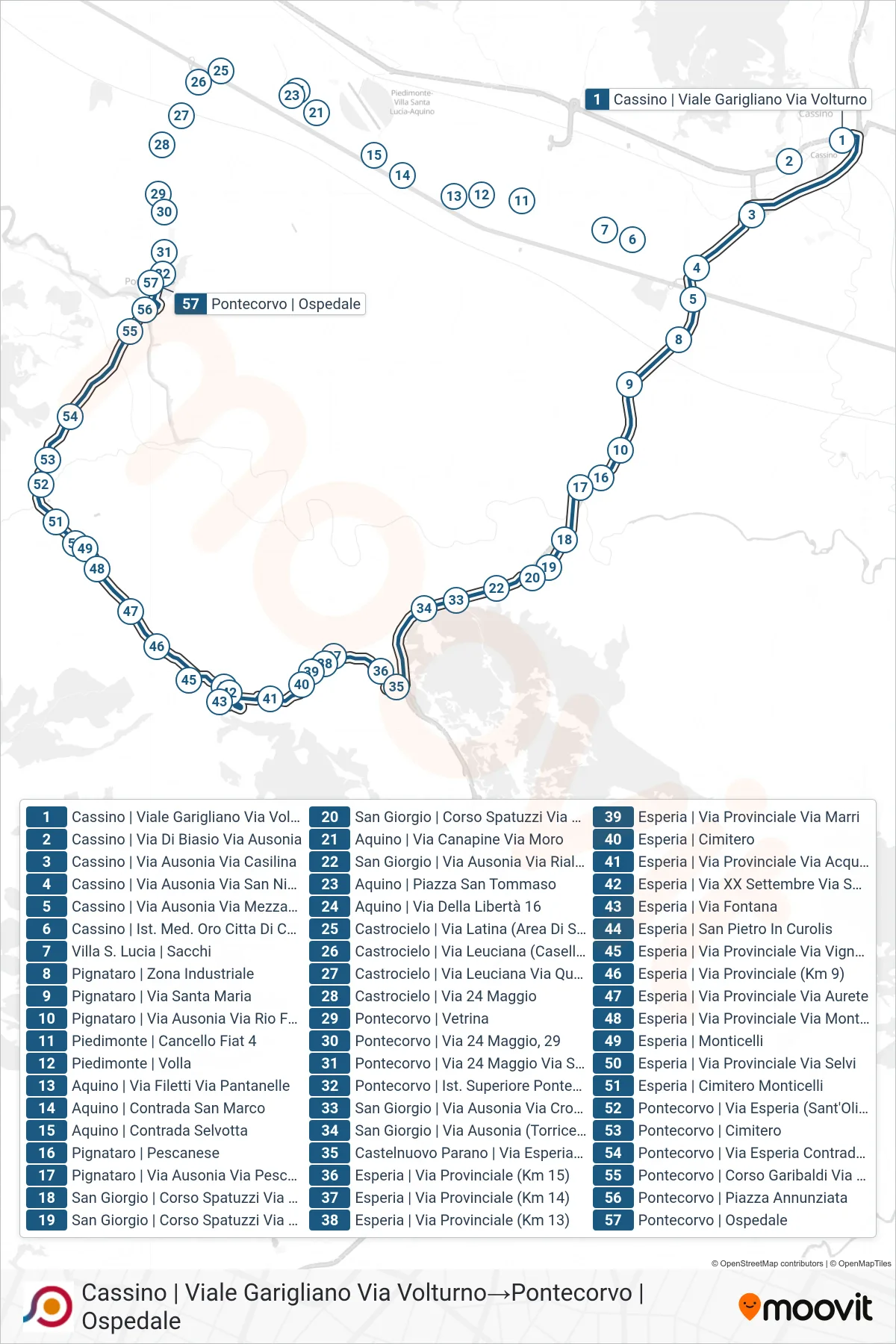 Linea COTRAL bus (Cassino | Viale Garigliano Via Volturno→Pontecorvo | Ospedale) - Percorsi e fermate sulla mappa