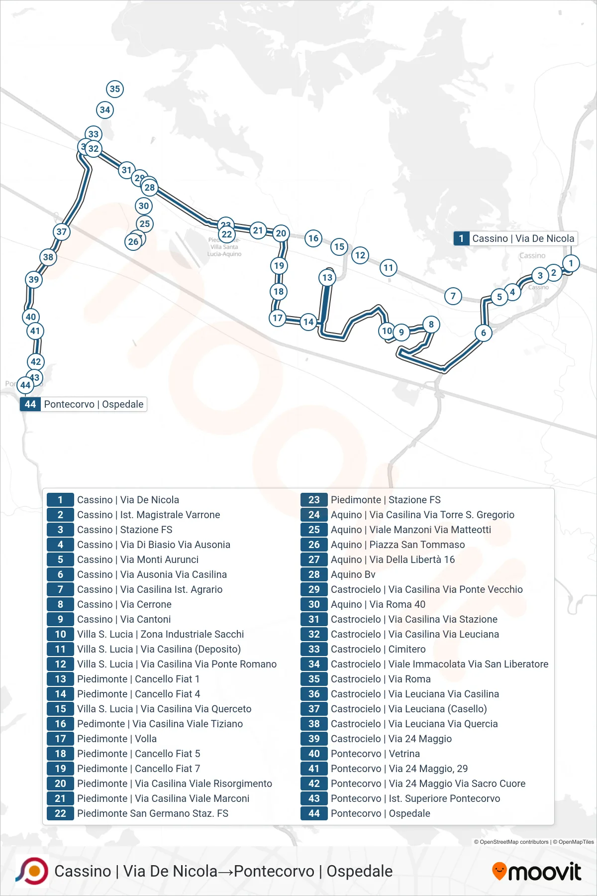 Linea COTRAL bus (Cassino | Via De Nicola→Pontecorvo | Ospedale) - Percorsi e fermate sulla mappa