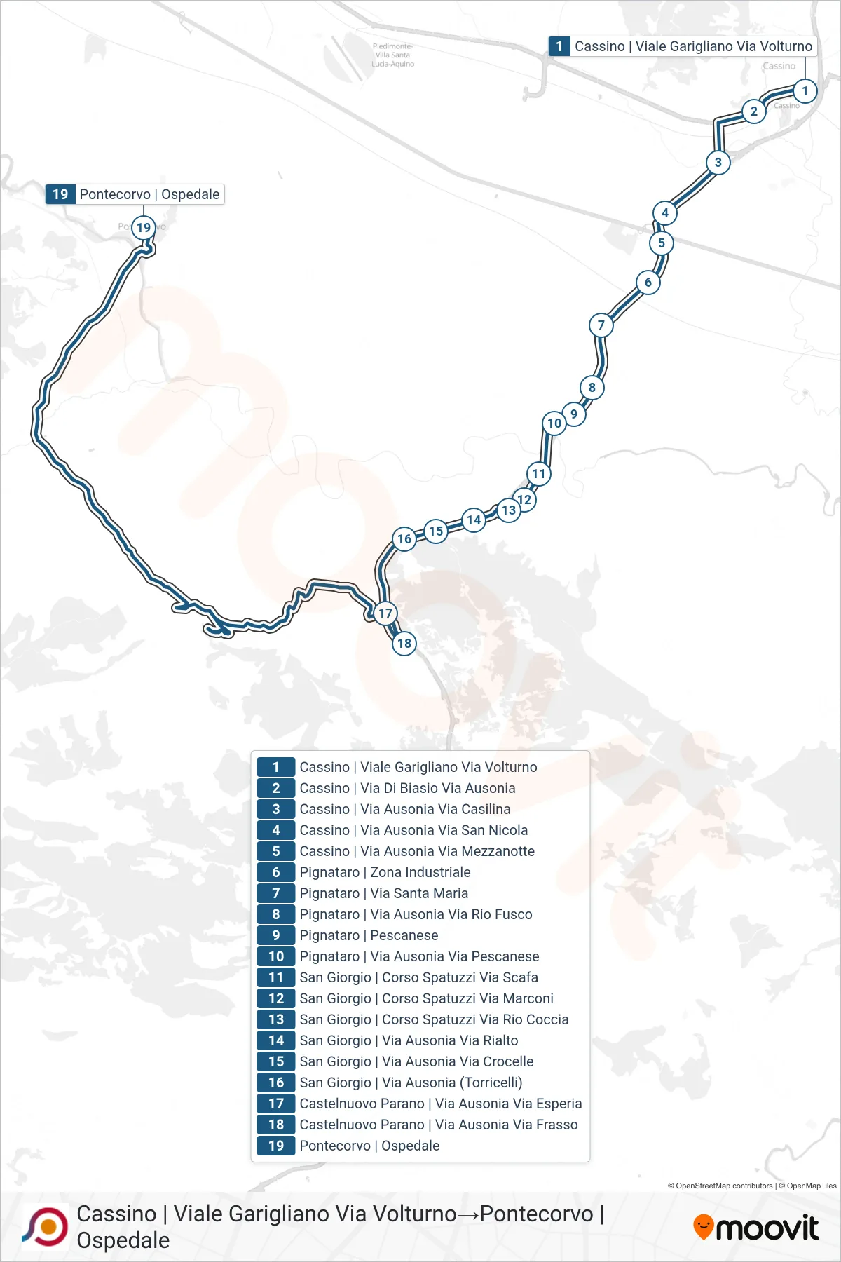 Linea COTRAL bus (Cassino | Viale Garigliano Via Volturno→Pontecorvo | Ospedale) - Percorsi e fermate sulla mappa