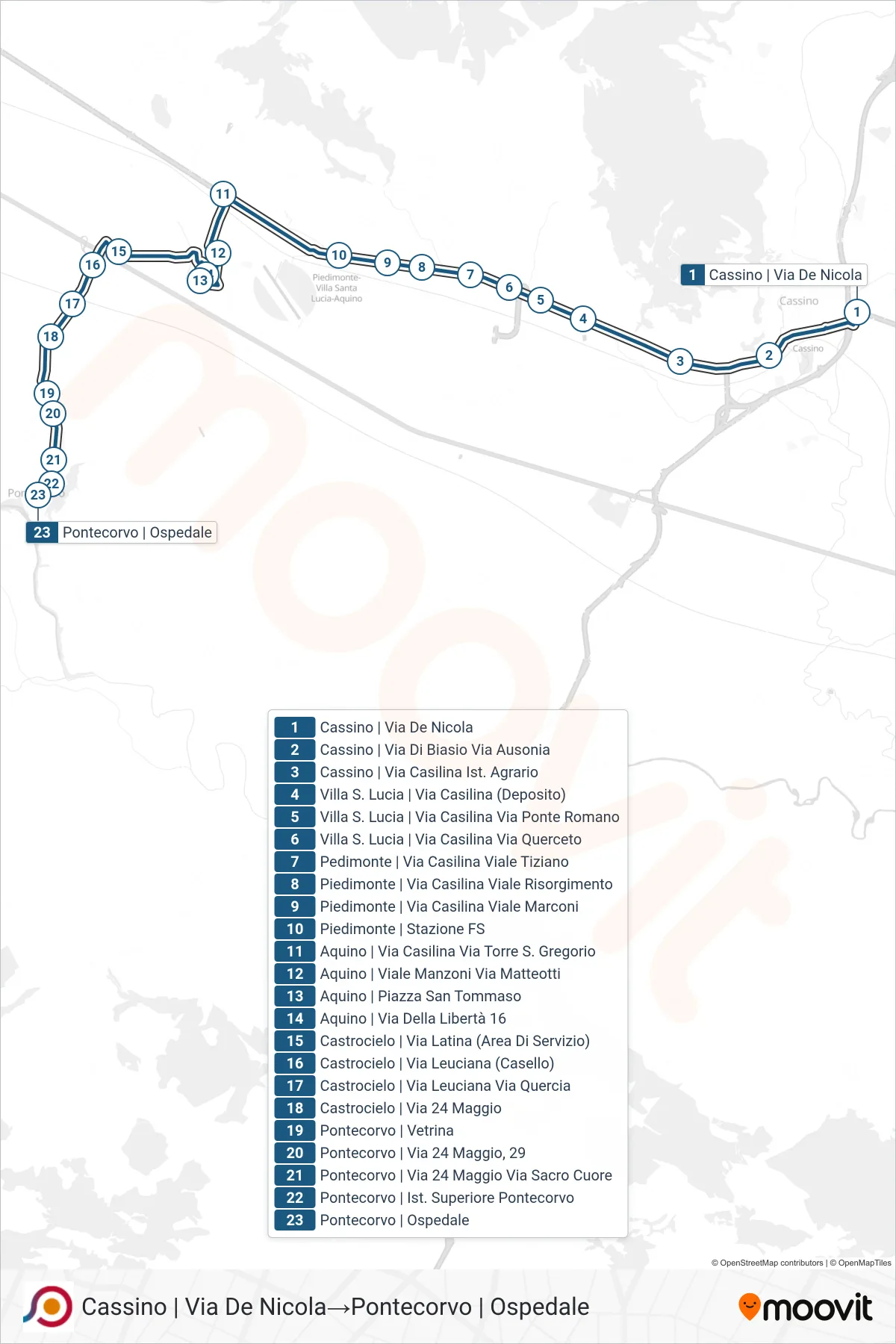 Linea COTRAL bus (Cassino | Via De Nicola→Pontecorvo | Ospedale) - Percorsi e fermate sulla mappa