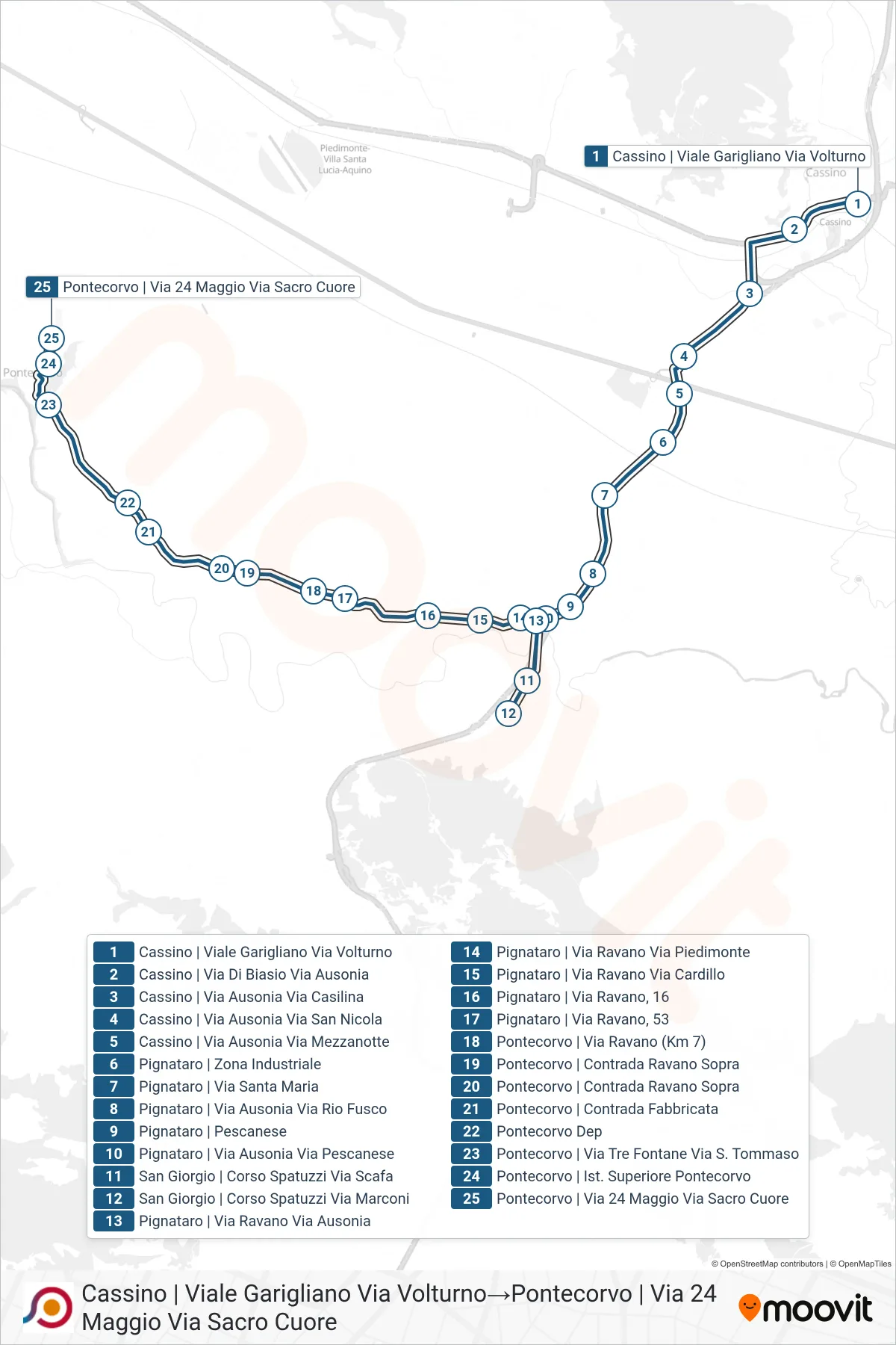 Linea COTRAL bus (Cassino | Viale Garigliano Via Volturno→Pontecorvo | Via 24 Maggio Via Sacro Cuore) - Percorsi e fermate sulla mappa