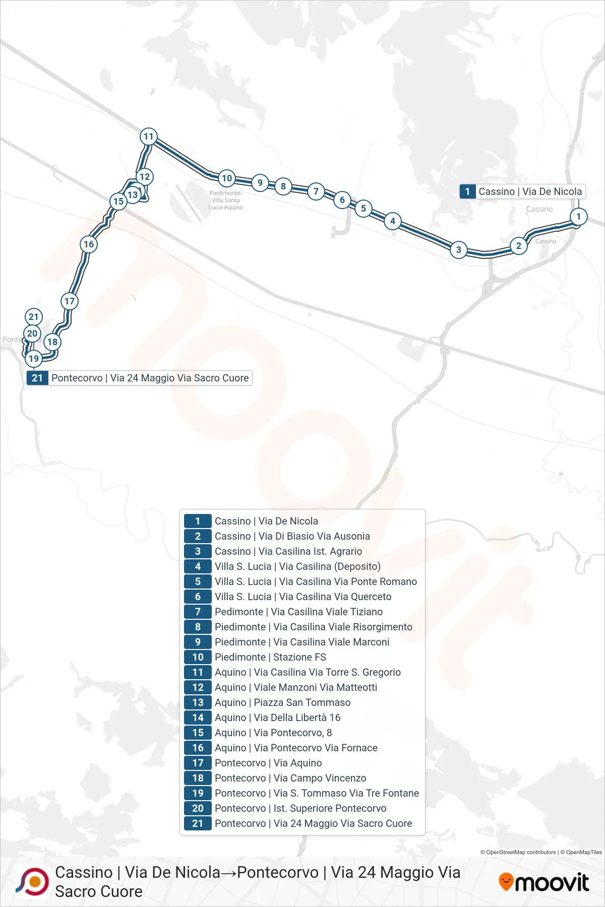 Linea COTRAL bus (Cassino | Via De Nicola→Pontecorvo | Via 24 Maggio Via Sacro Cuore) - Percorsi e fermate sulla mappa