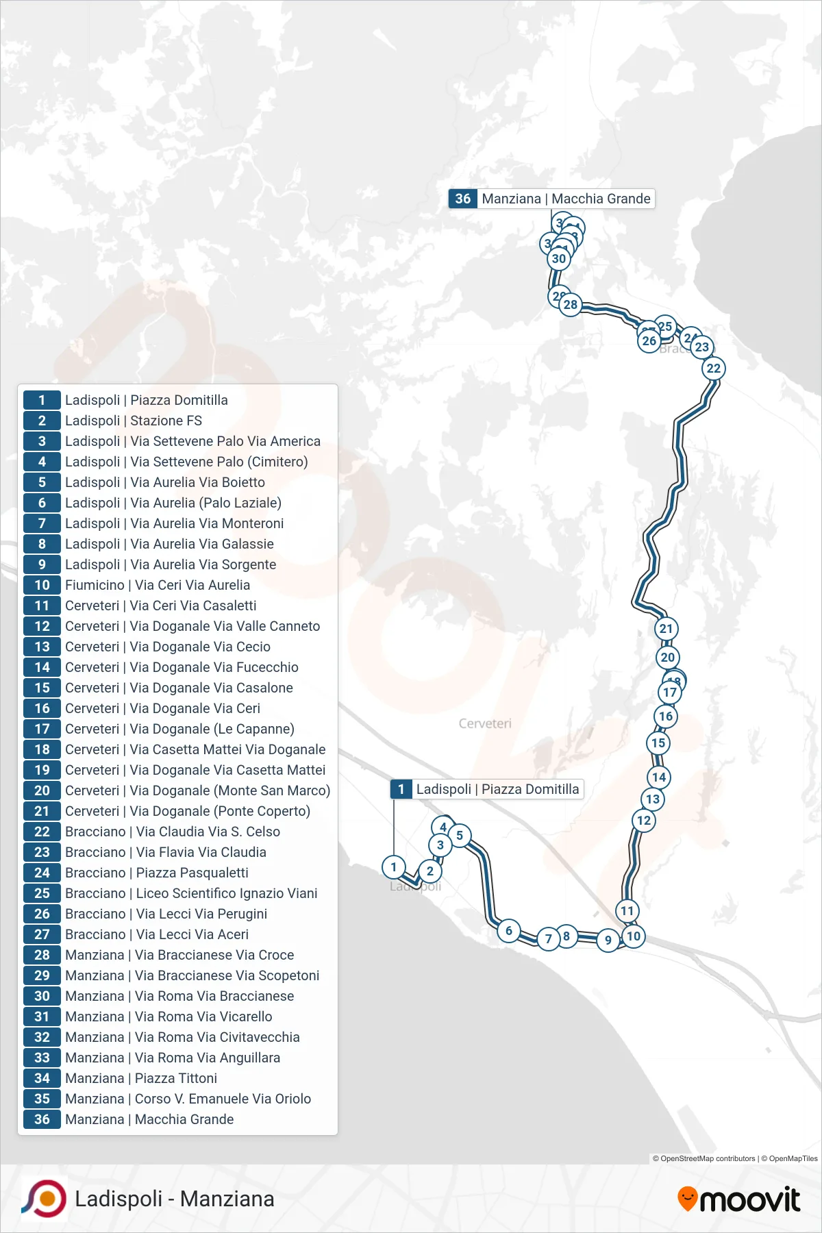 Linea COTRAL bus (Ladispoli | Piazza Domitilla→Manziana | Macchia Grande) - Percorsi e fermate sulla mappa