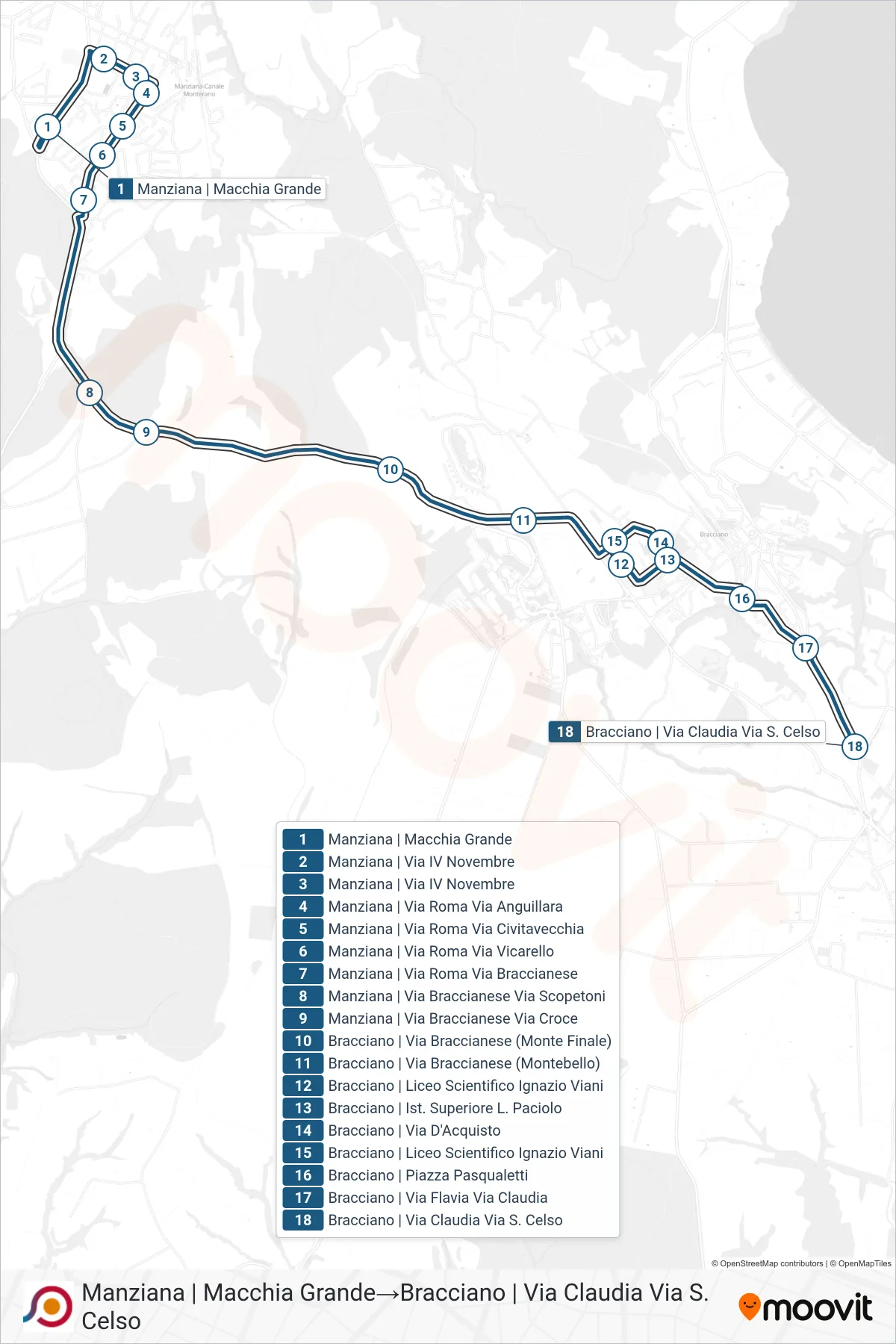 Linea COTRAL bus (Manziana | Macchia Grande→Bracciano | Via Claudia Via S. Celso) - Percorsi e fermate sulla mappa