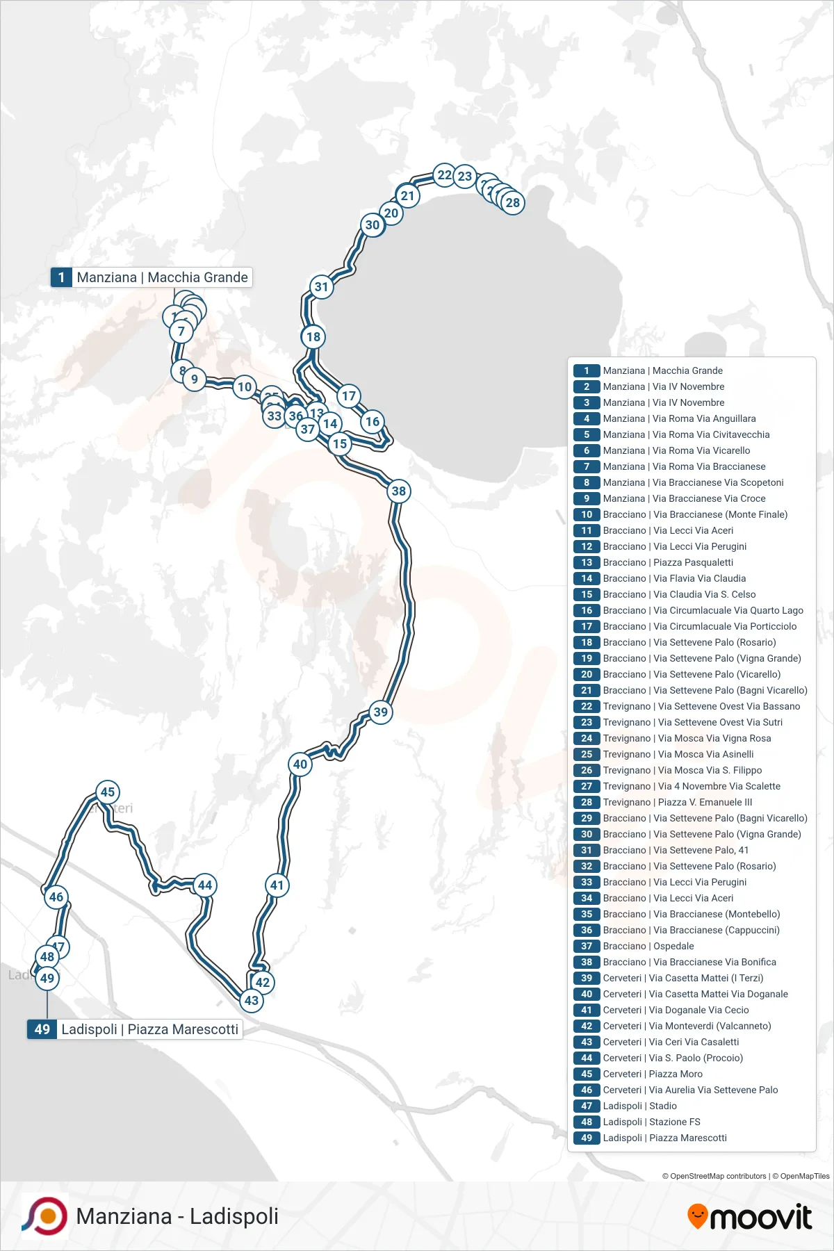 Linea COTRAL bus (Manziana | Macchia Grande→Ladispoli | Piazza Marescotti) - Percorsi e fermate sulla mappa