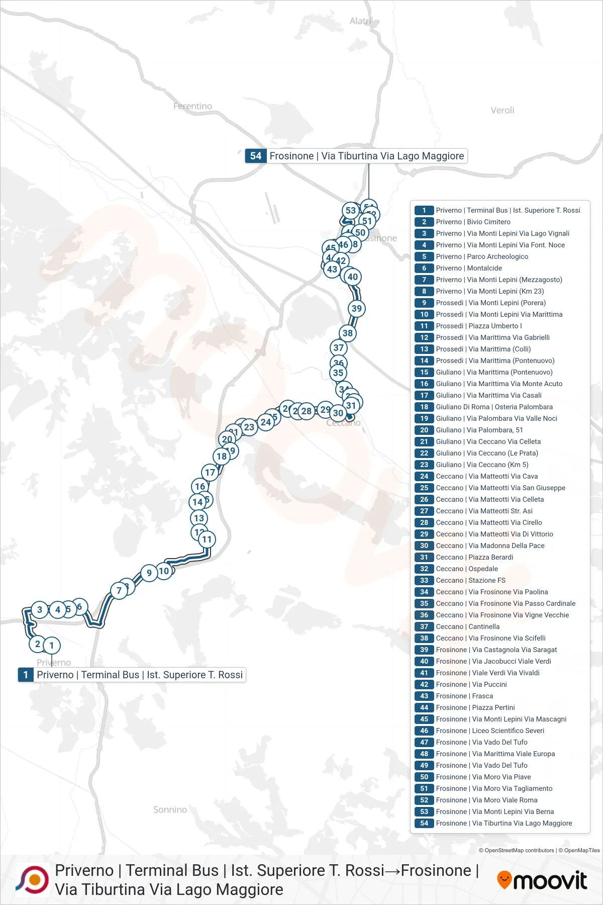 Linea COTRAL bus (Priverno | Terminal Bus | Ist. Superiore T. Rossi→Frosinone | Via Tiburtina Via Lago Maggiore) - Percorsi e fermate sulla mappa