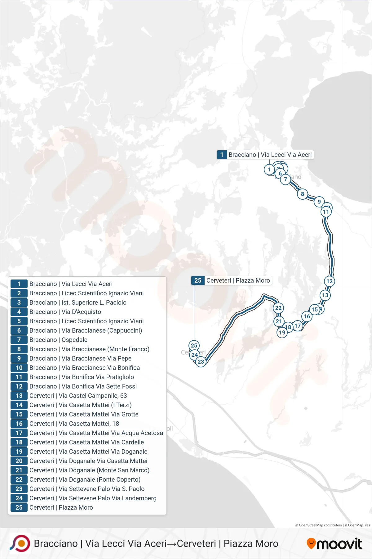 Linea COTRAL bus (Bracciano | Via Lecci Via Aceri→Cerveteri | Piazza Moro) - Percorsi e fermate sulla mappa