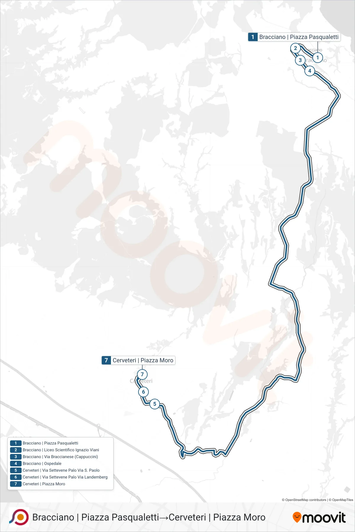 Linea COTRAL bus (Bracciano | Piazza Pasqualetti→Cerveteri | Piazza Moro) - Percorsi e fermate sulla mappa